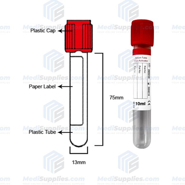 Vacuum Blood Collection Tube (Serum Tube Clot Activator), 10ml, Red, Exp 7/24