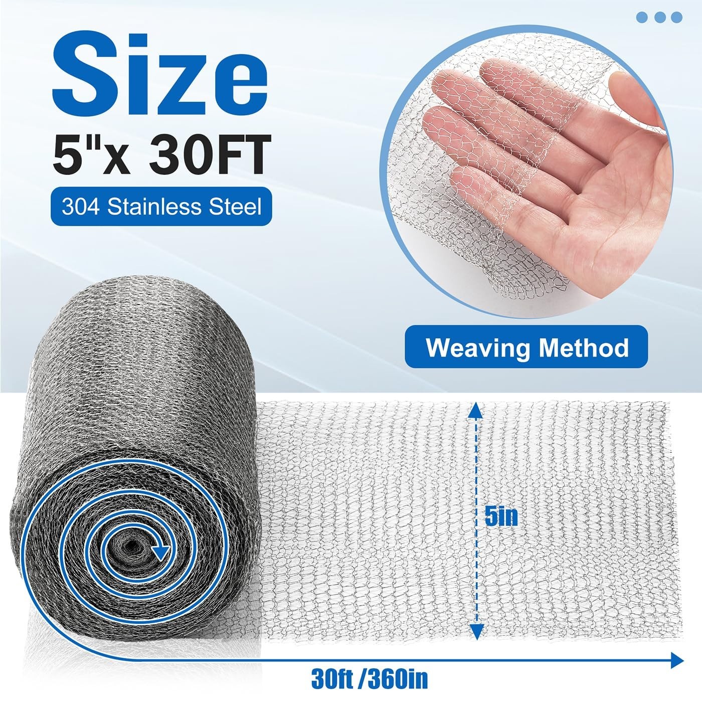Upgraded 5” X 30 Ft Stainless Steel Wool for Easy Hole Filling and Pest Control