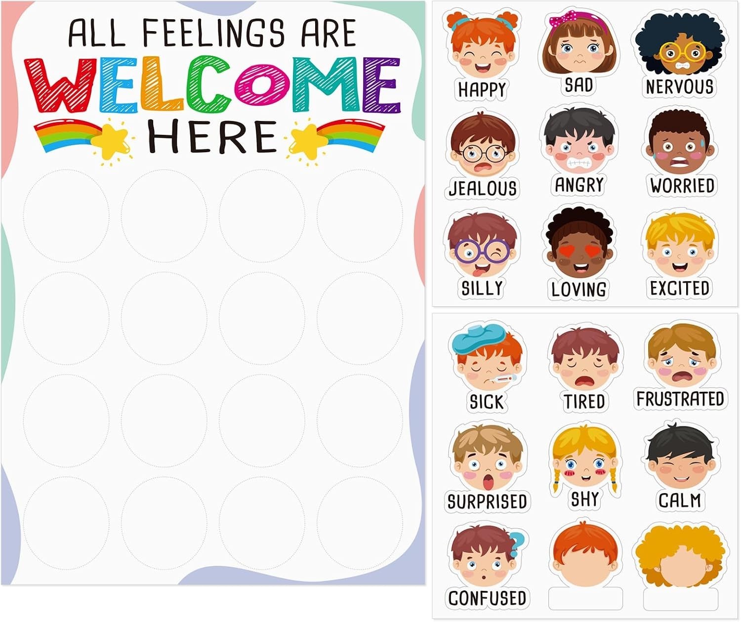 Feelings Chart for Kids with 18pcs Emotion Stickers 12×16.5 Inch Prek Emotion…