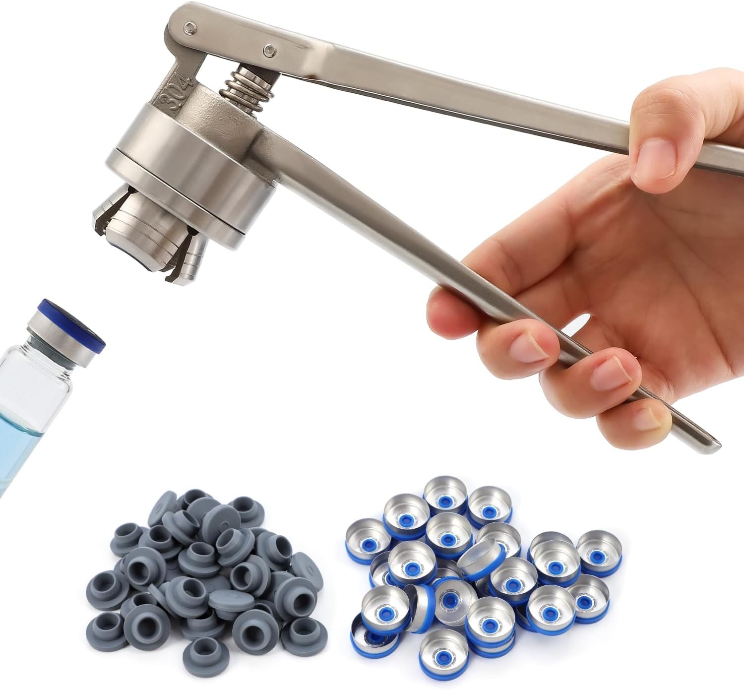 20mm Flip Vial Crimper, Crimping Tool w/ (100 Pcs Flip Caps and Rubber Stoppers)