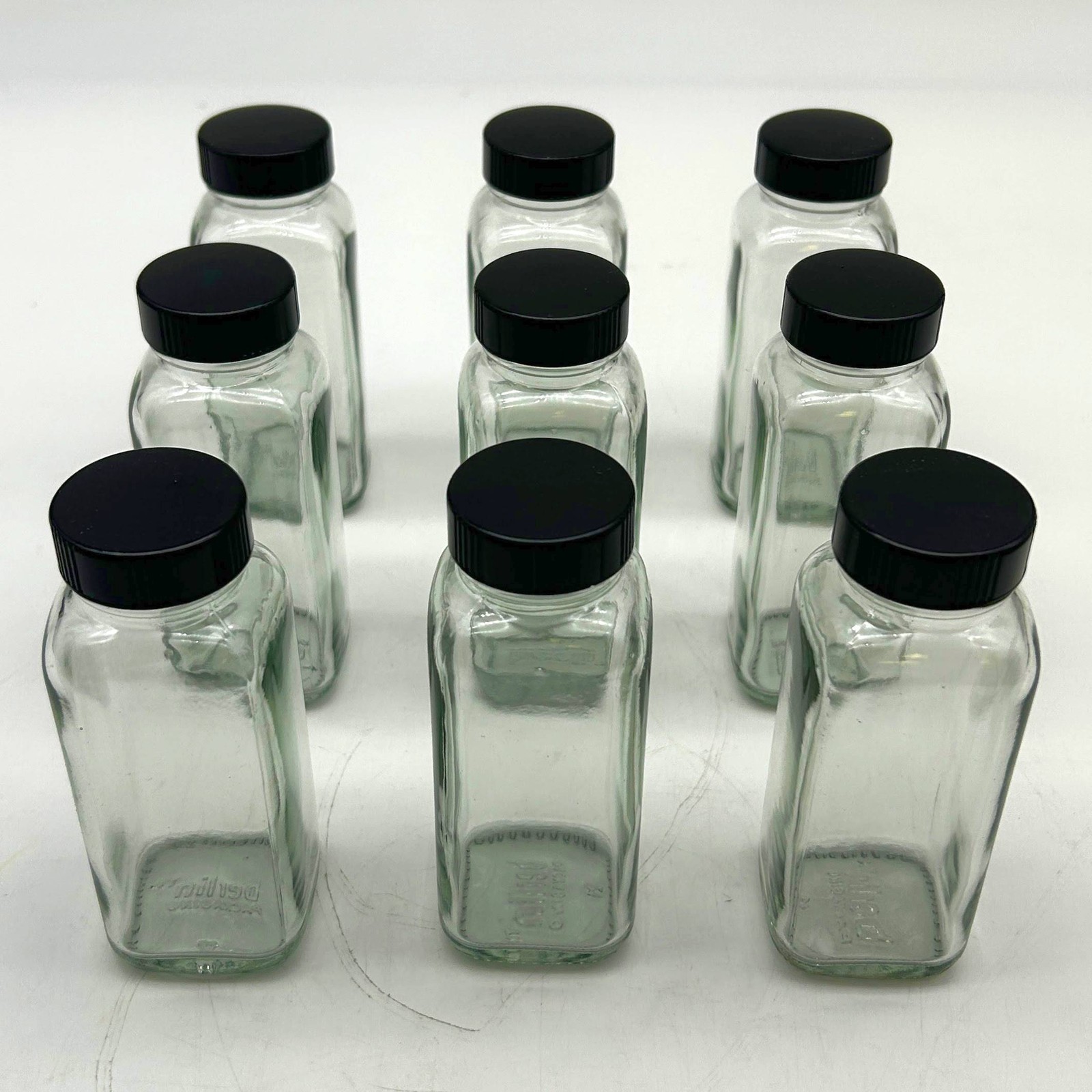 4 oz Clear Glass French Square Bottles w/ Black Caps Berlin Packaging 117191 9pk