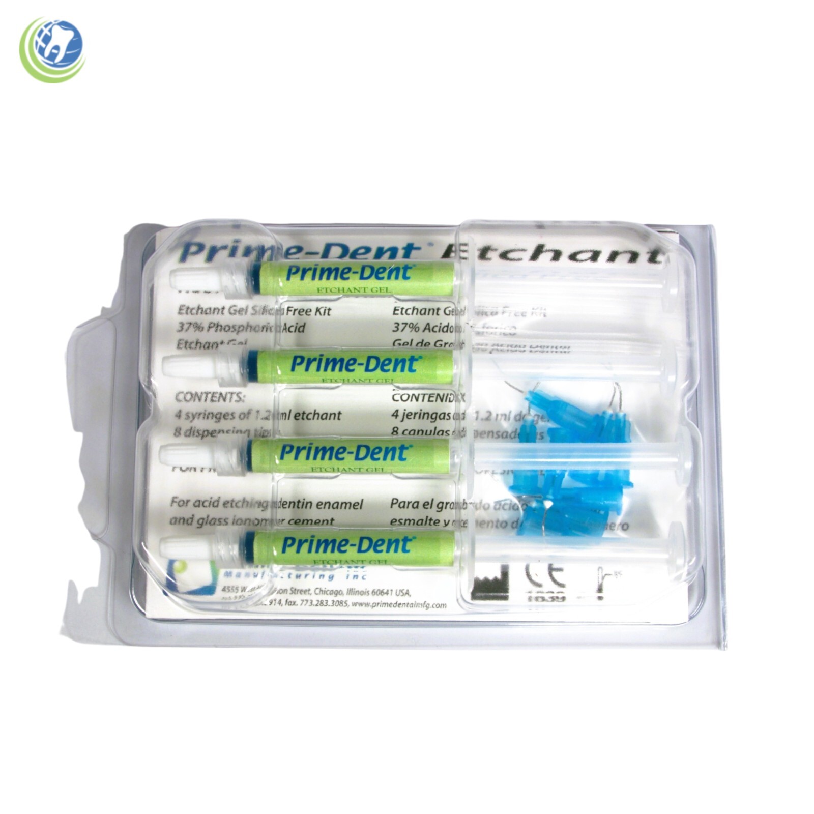 Dental Acid Etching Gel 37% Phosphoric 4 x 1.2ml Syringes Silica Free Blue Prime