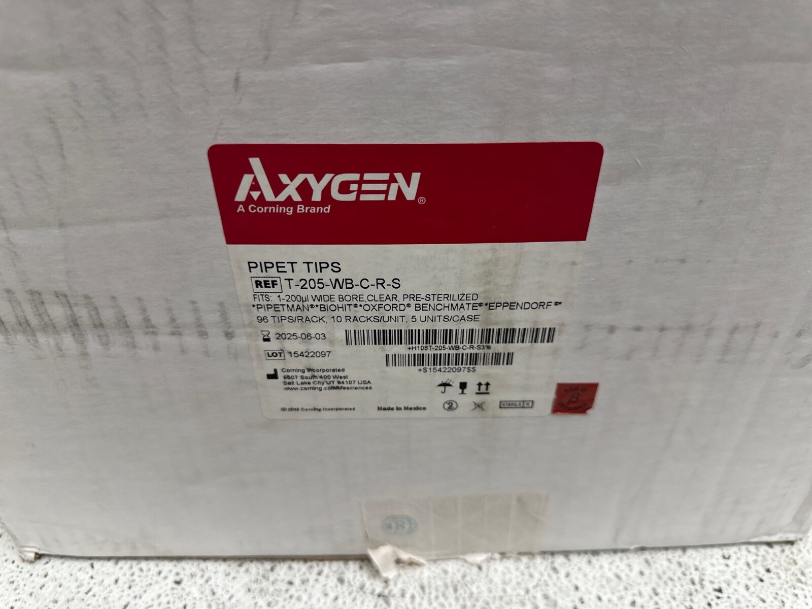 5 Boxes NEW Axygen Pipet Tips fits 1-200µL Wide Bore T-205-WB-C-R-S 10 Racks box