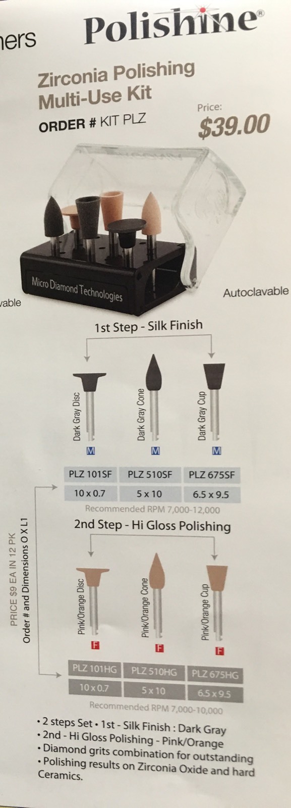 1Set/6pcs Zirconia Polishing system Multi-use 2 Step Autoclavable Kit #PLZ