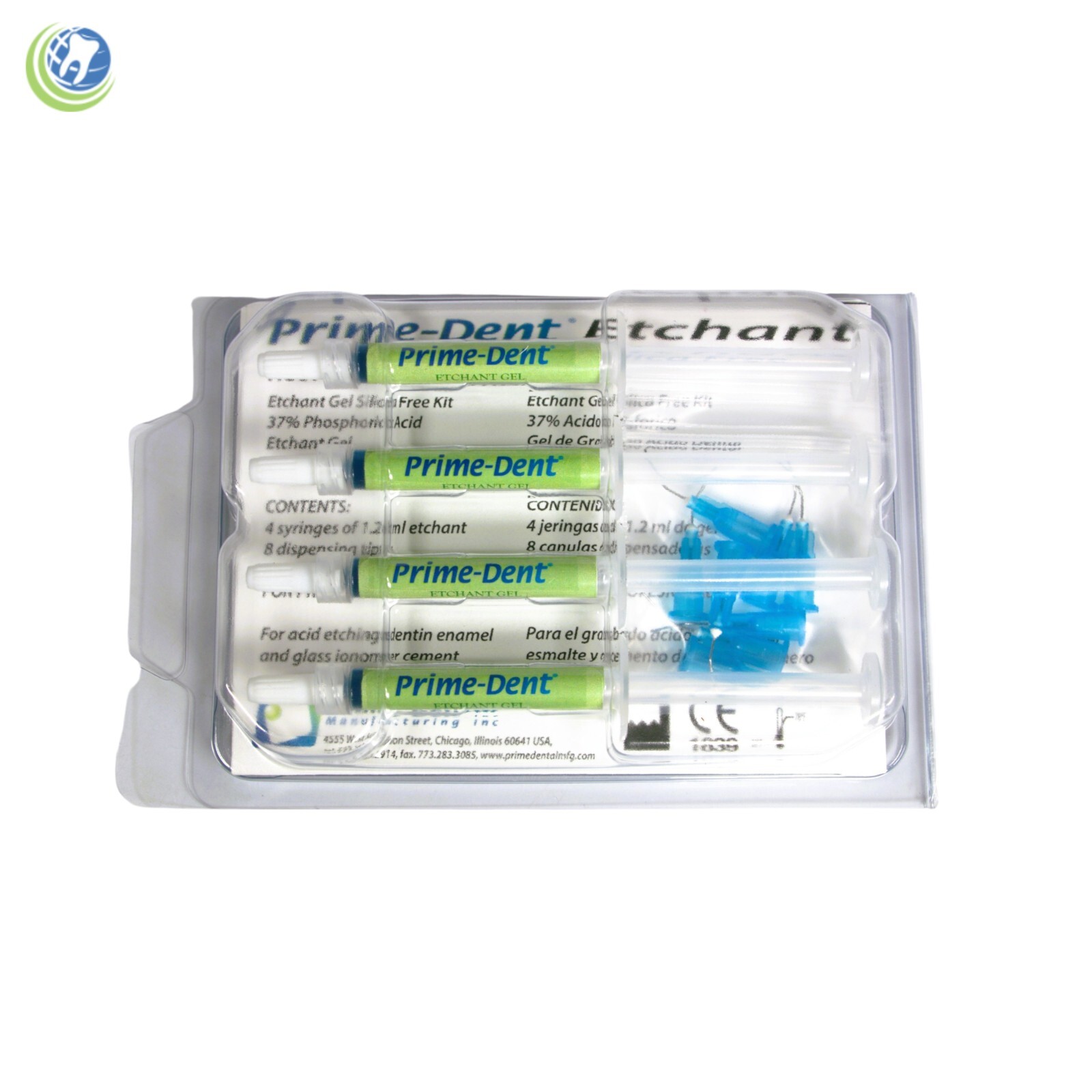 Dental Acid Etching Gel 37% Phosphoric 4 x 1.2ml Syringes Silica Free Blue Prime