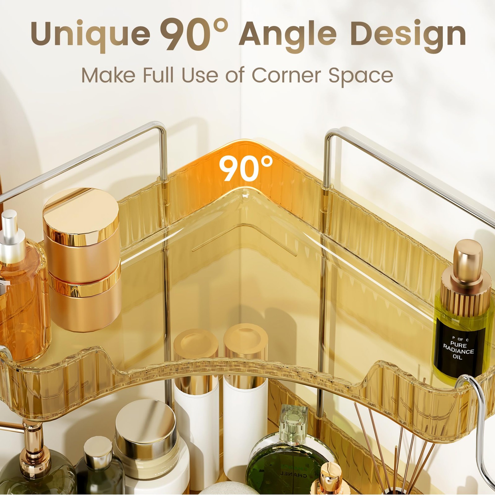 Kinkota Golden 3-Tier Corner Bathroom Organizer Countertop Storage Shelf Hooks M