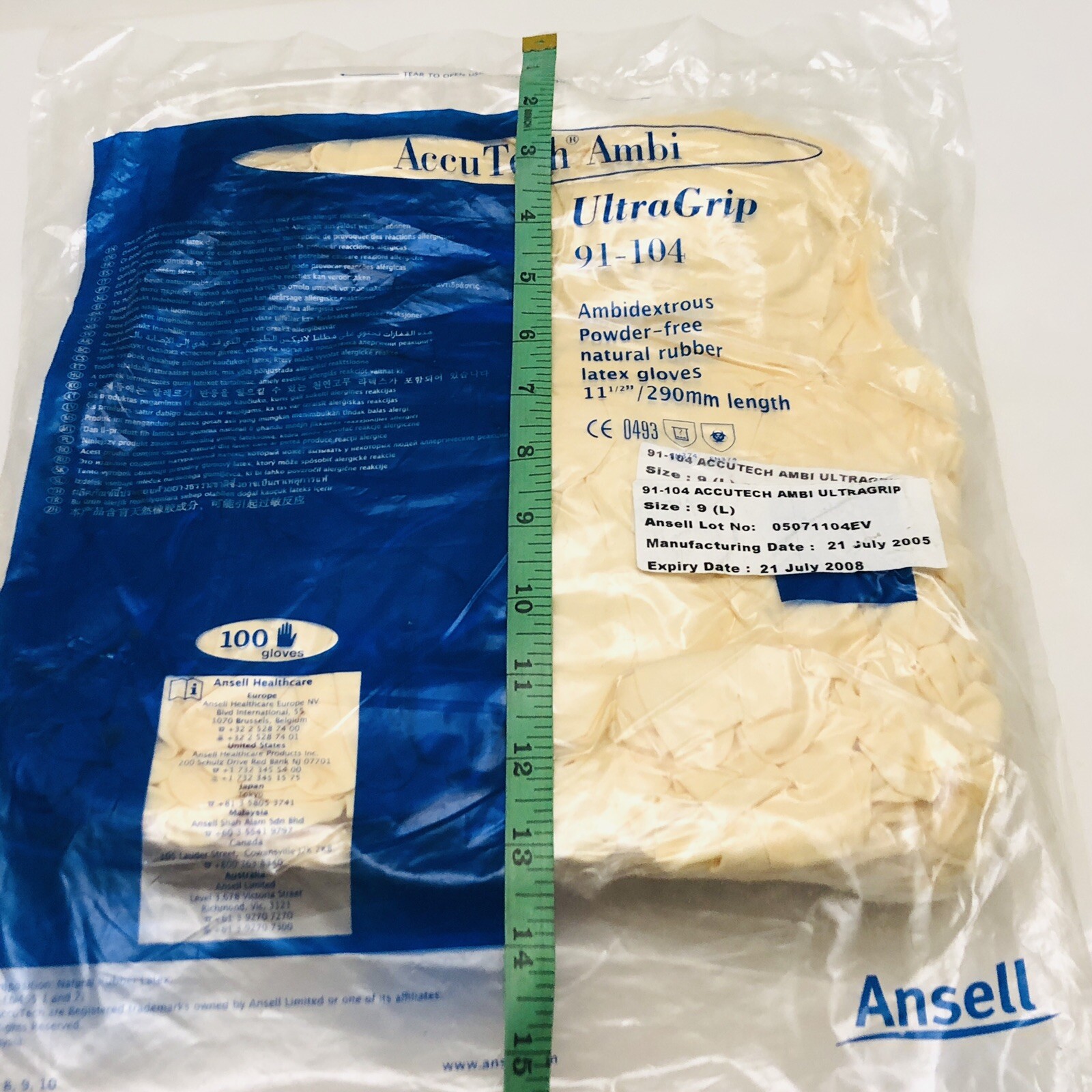 Ansell Ambidextrous Natural Rubber Latex Gloves Large UltraGrip 11.5″ Long