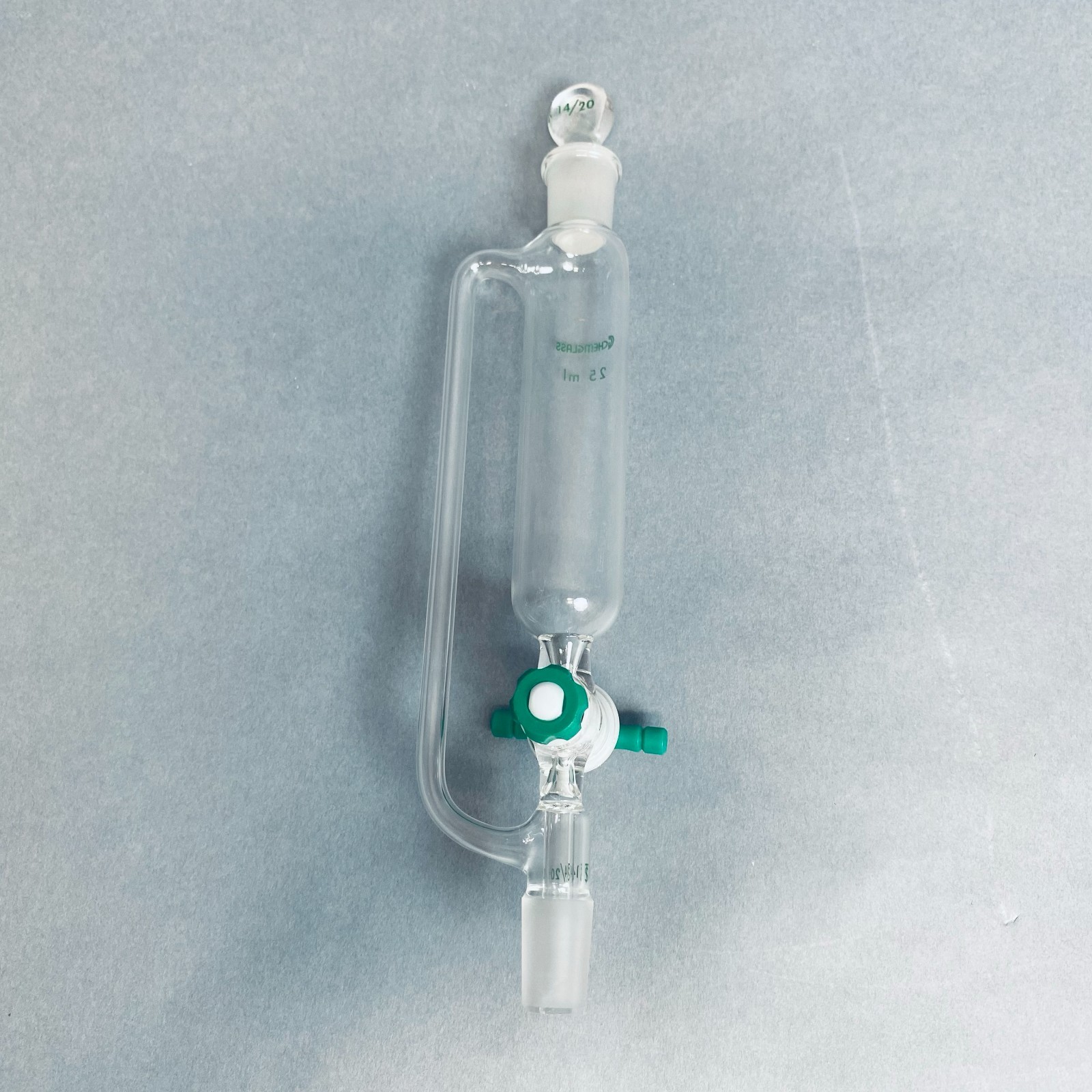Chemglass Addition Funnel 25 ml 14/20 Joint PTFE Stopcock with Stopper