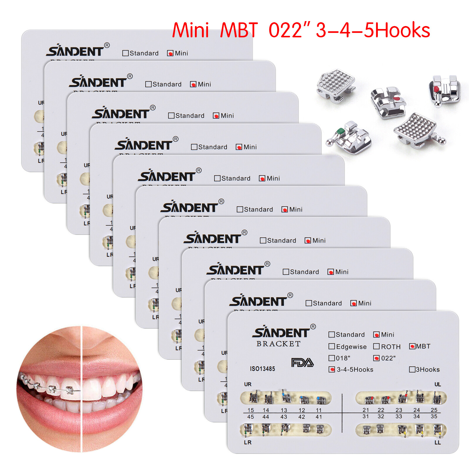 10 packs Dental Orthodontics Metal Bracket Braces Mini MBT 022″Slot Hooks 3-4-5