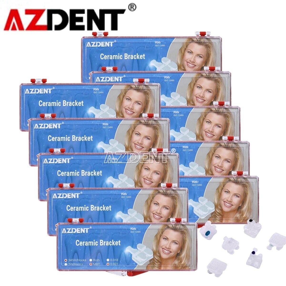 10 Packs AZDENT Dental Orthodontic Ceramic Brackets Braces 5*5 MBT.022 Hooks 345