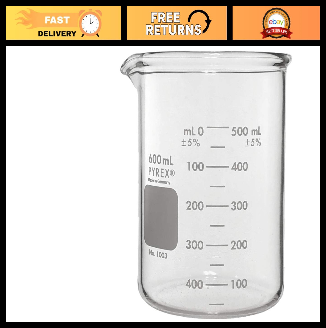 Heavy Duty 600mL Glass Beaker – Double Scale Graduated Lab Equipment, Durable