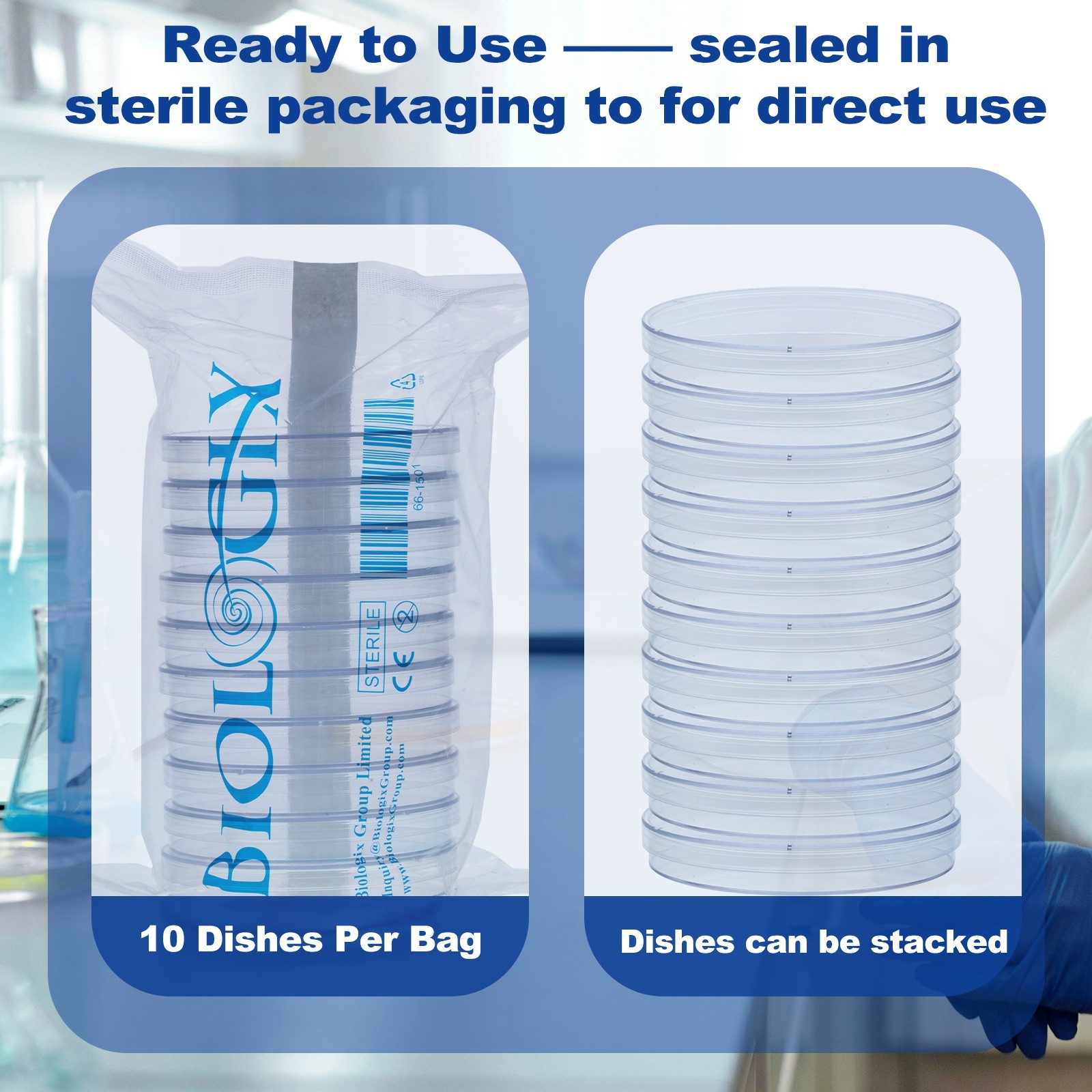 Biologix® Petri Dishes with Lids, 90x17mm Sterile Plastic Petri Dishes, Clear