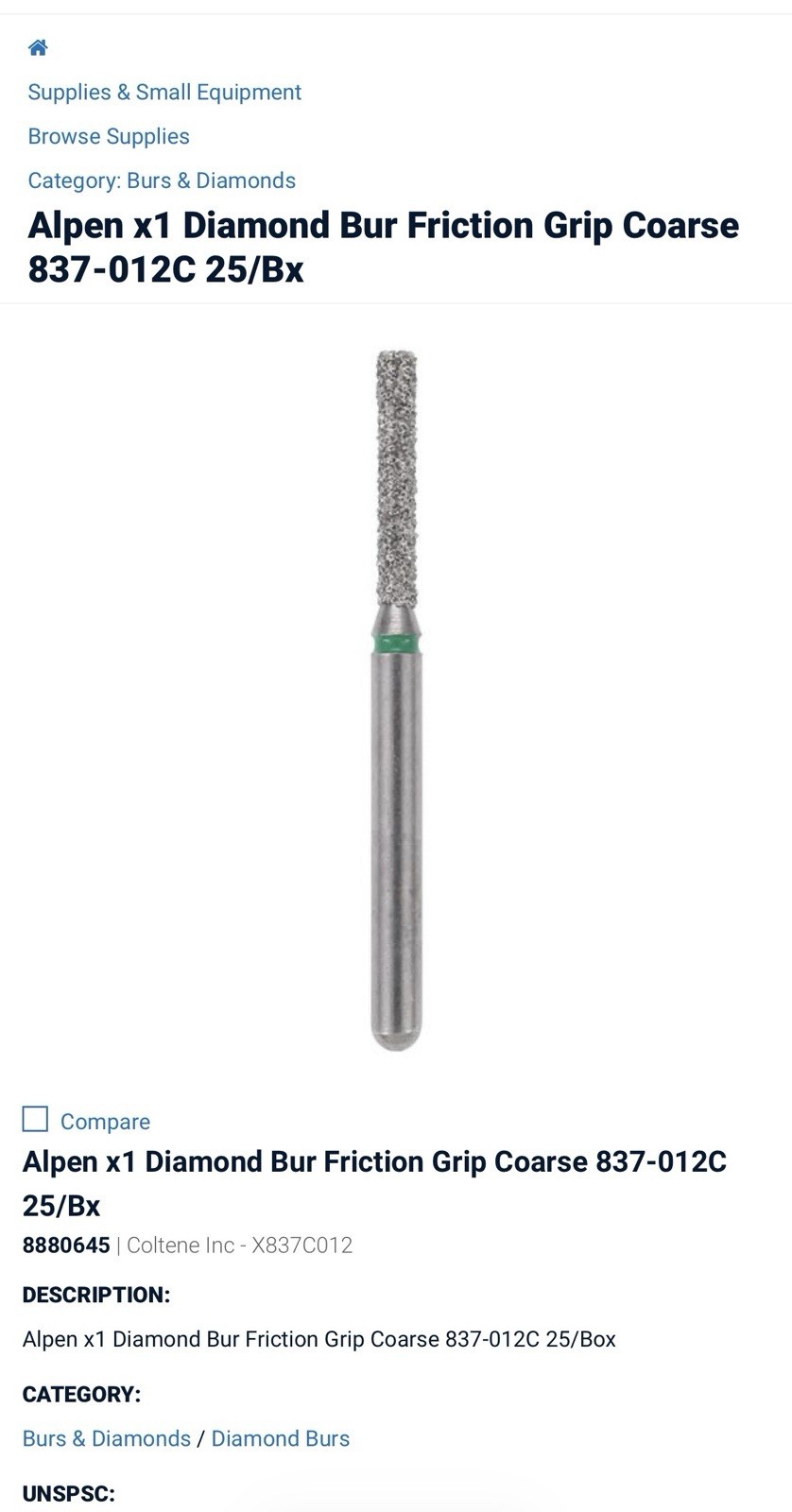 Alpen X1 Flat End Cylinder Diamond Burs 837-012C Bulk 100 Pieces