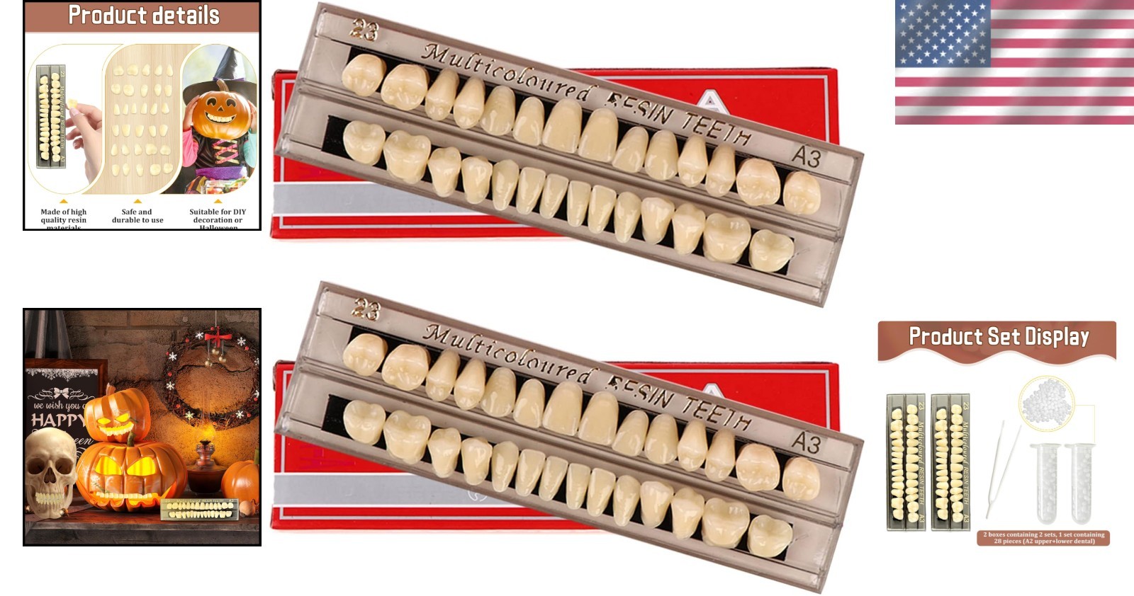 Synthetic Polymer Dentures – 56 Pcs in A3 Color for Realistic Halloween Looks