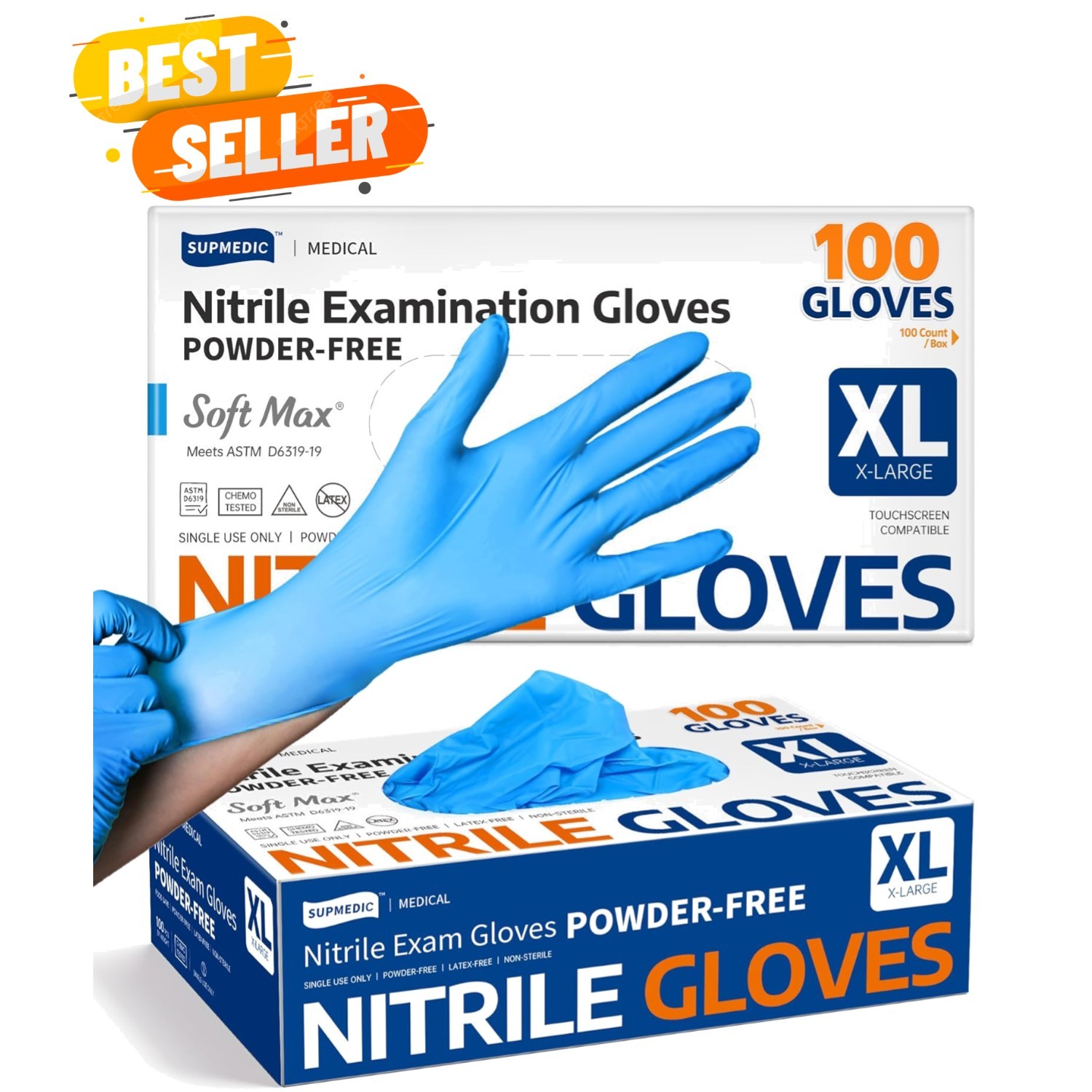 Medical Soft Max Nitrile Exam Gloves, 100 Count Latex-Free Powder-Free Non-St…