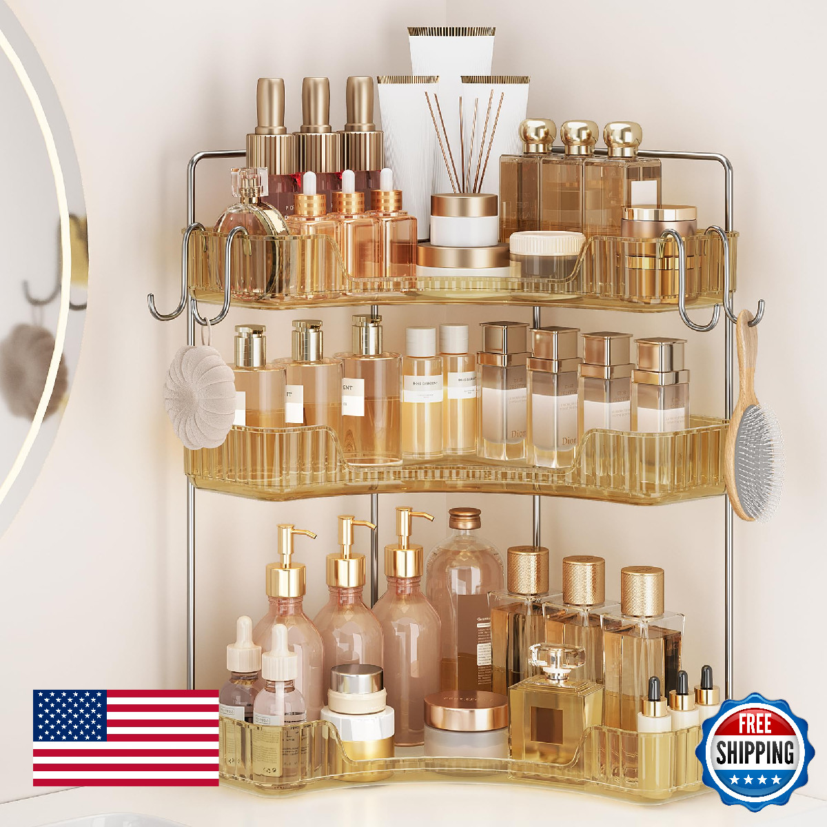 Kinkota Golden 3-Tier Corner Bathroom Organizer Countertop Storage Shelf Hooks M