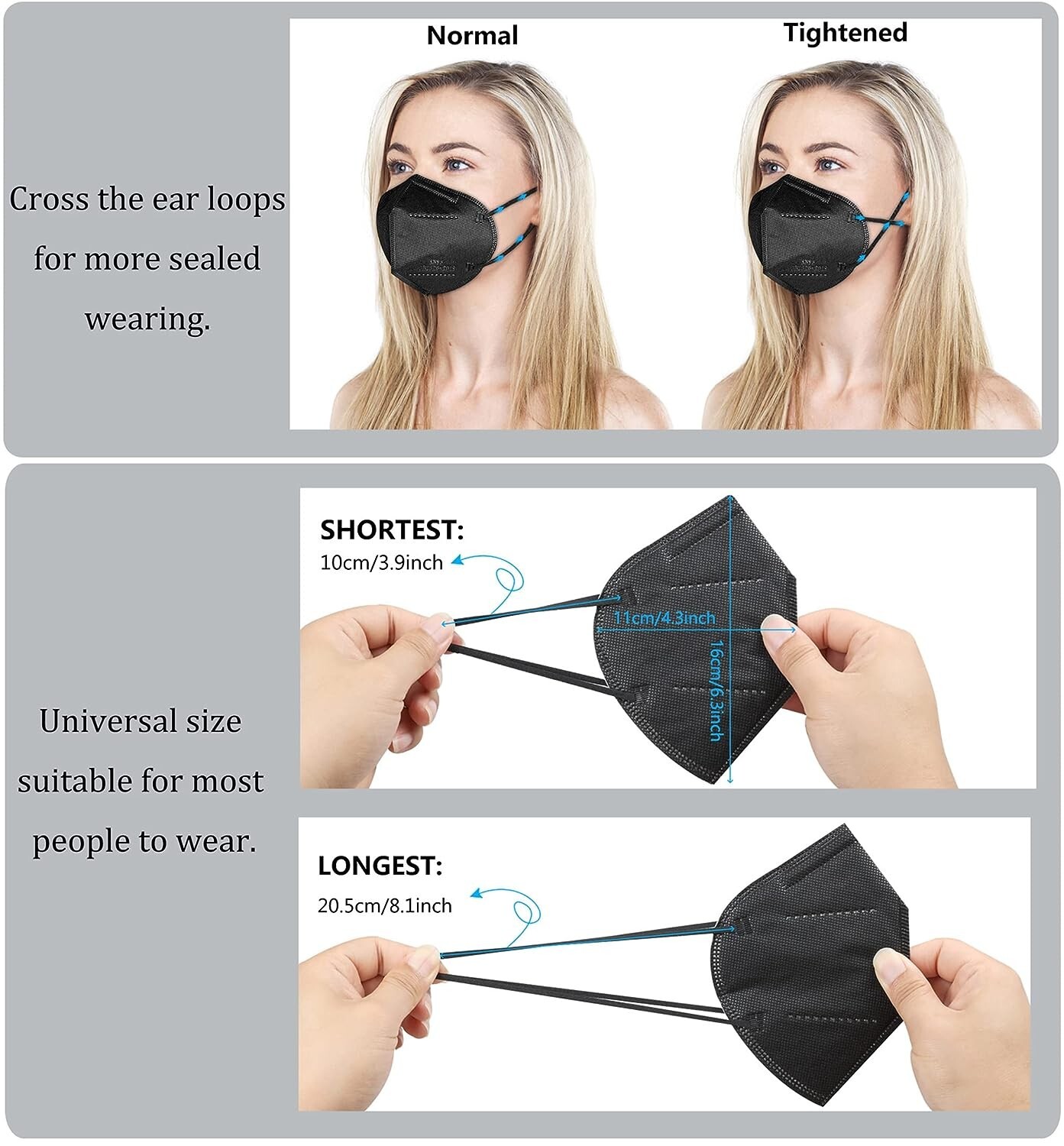 10 BLACK KN95 Disposable Face Masks 5 Layers Filters 95%+ PFE & BFE