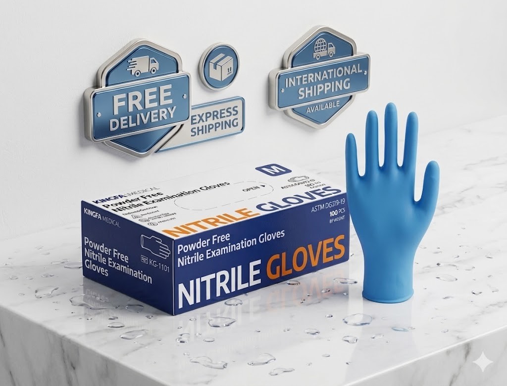 Kingfa Blue Nitrile Medical Gloves Powder & Latex Free Disposable 3 mil