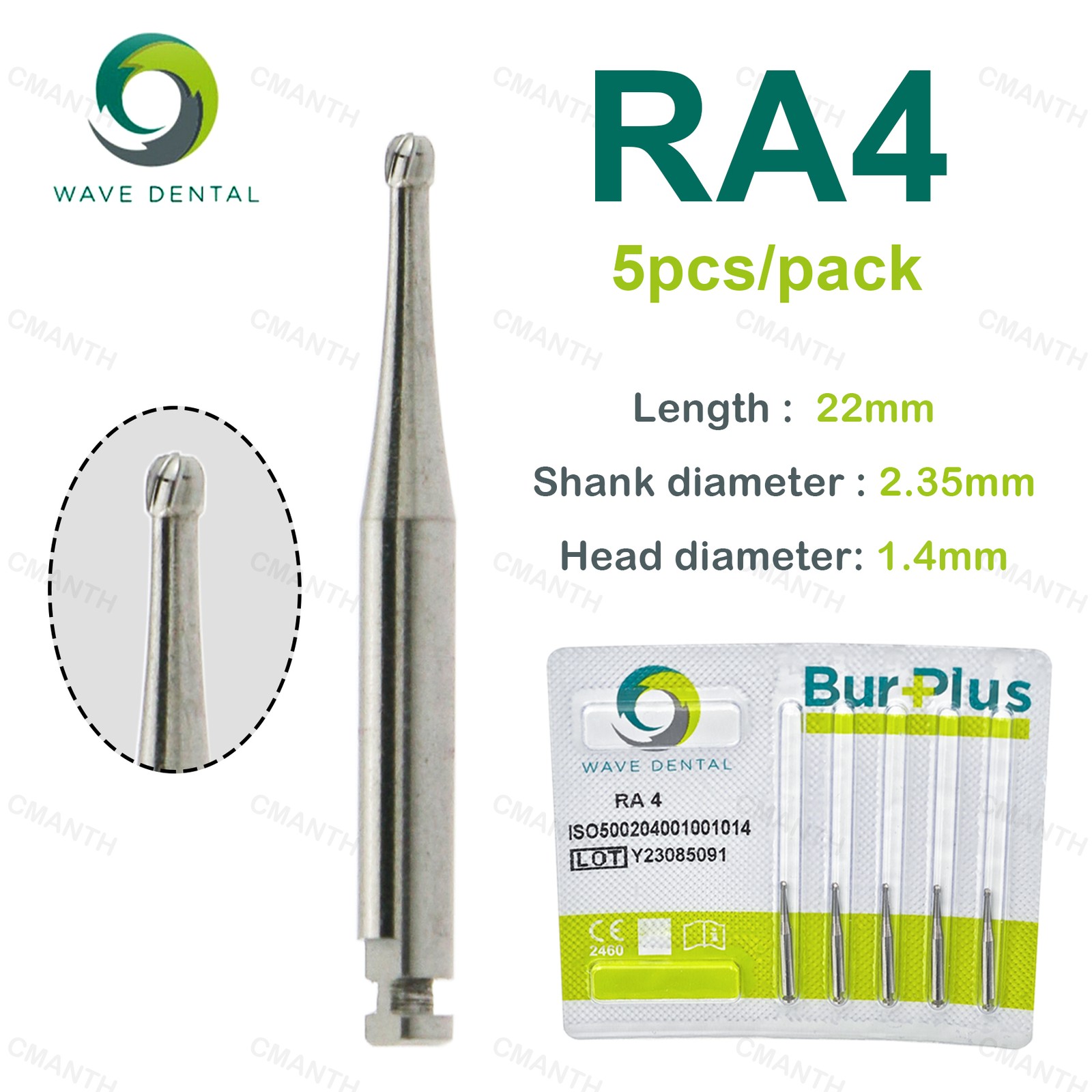 WAVE Dental Tungsten Carbide Burs Round Head RA Low Speed Burs Dia 2.35mm 5Pcs