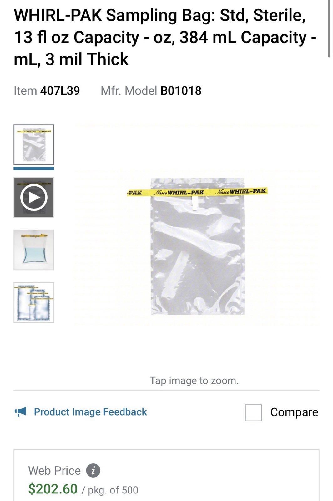 Whirl-Pak B01018 Sterile Sampling Bags, 13 fl oz / 384 mL, 3 mil Thick, 500/box