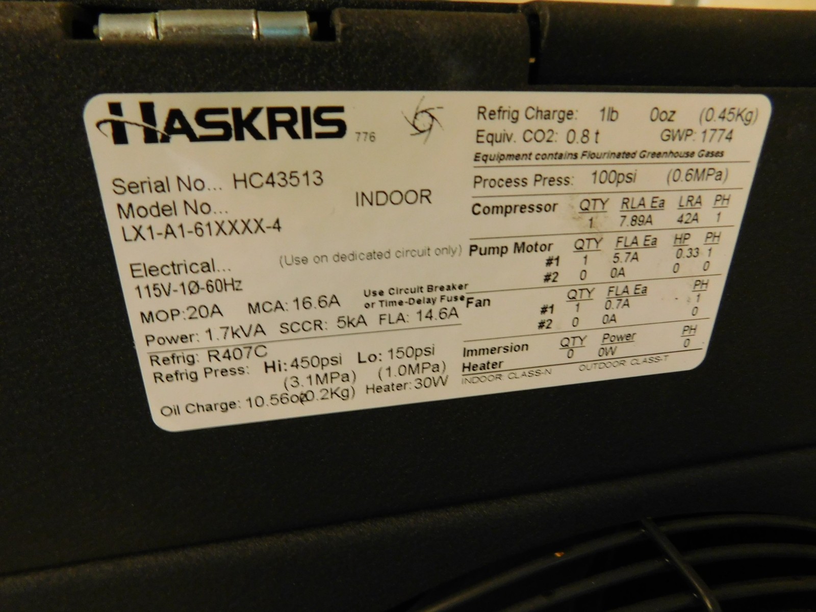 HASKRIS MODEL LX1-A1-61XXXX-4 INDOOR AIR COOLED LAB WATER CHILLER (#4741)