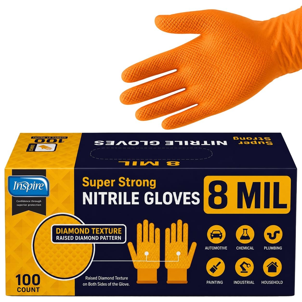 Heavy Duty Orange Nitrile Gloves | 8 Mil Diamond Textured Grip | Industrial Mech