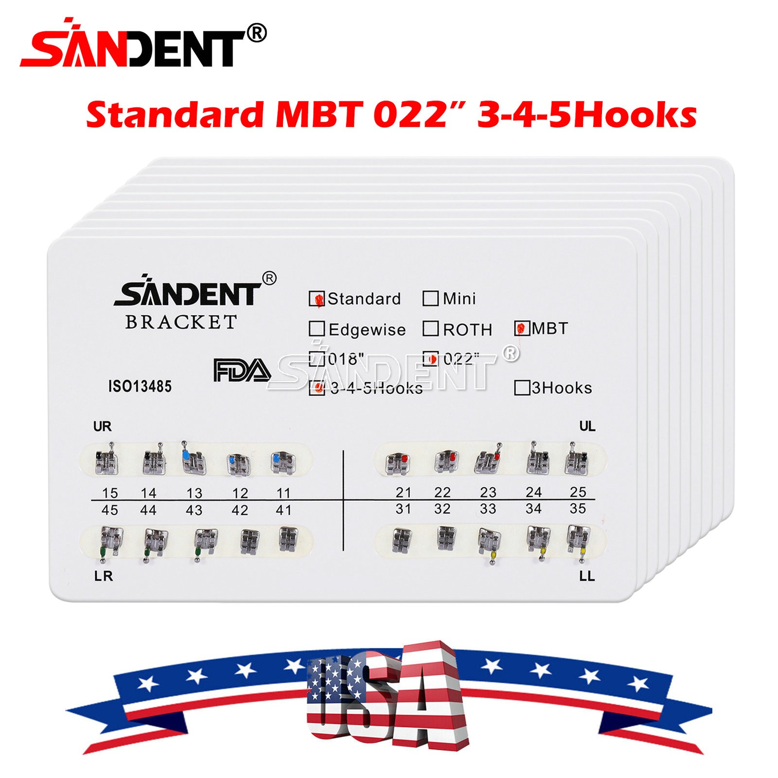 10 Packs Dental Orthodontics Brackets Braces Standard MBT 022″Slot 3 4 5 Hooks