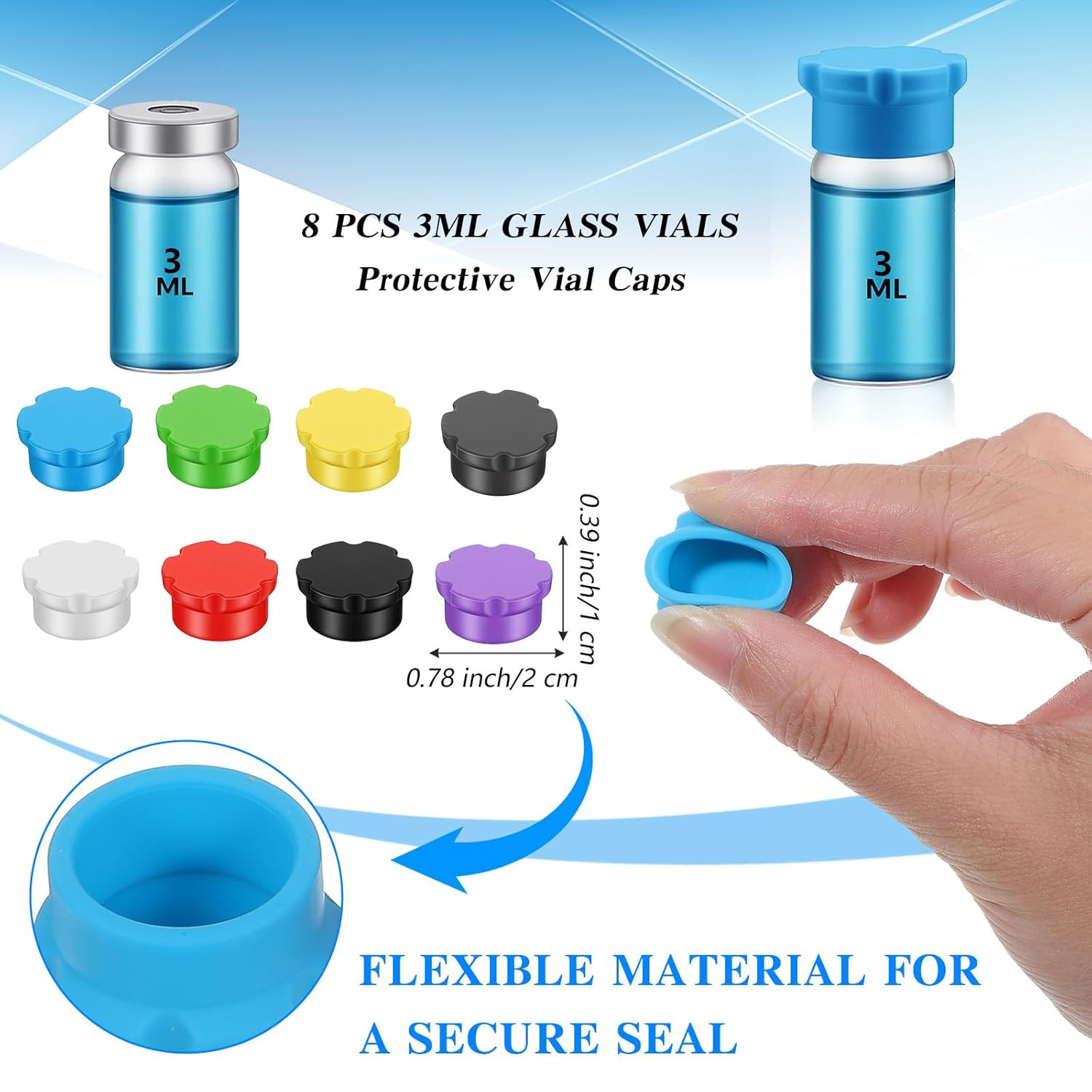 3ml Glass Vials Protective Vial Caps,8Pcs Colorful Peptide Vial Caps Leak-Proof