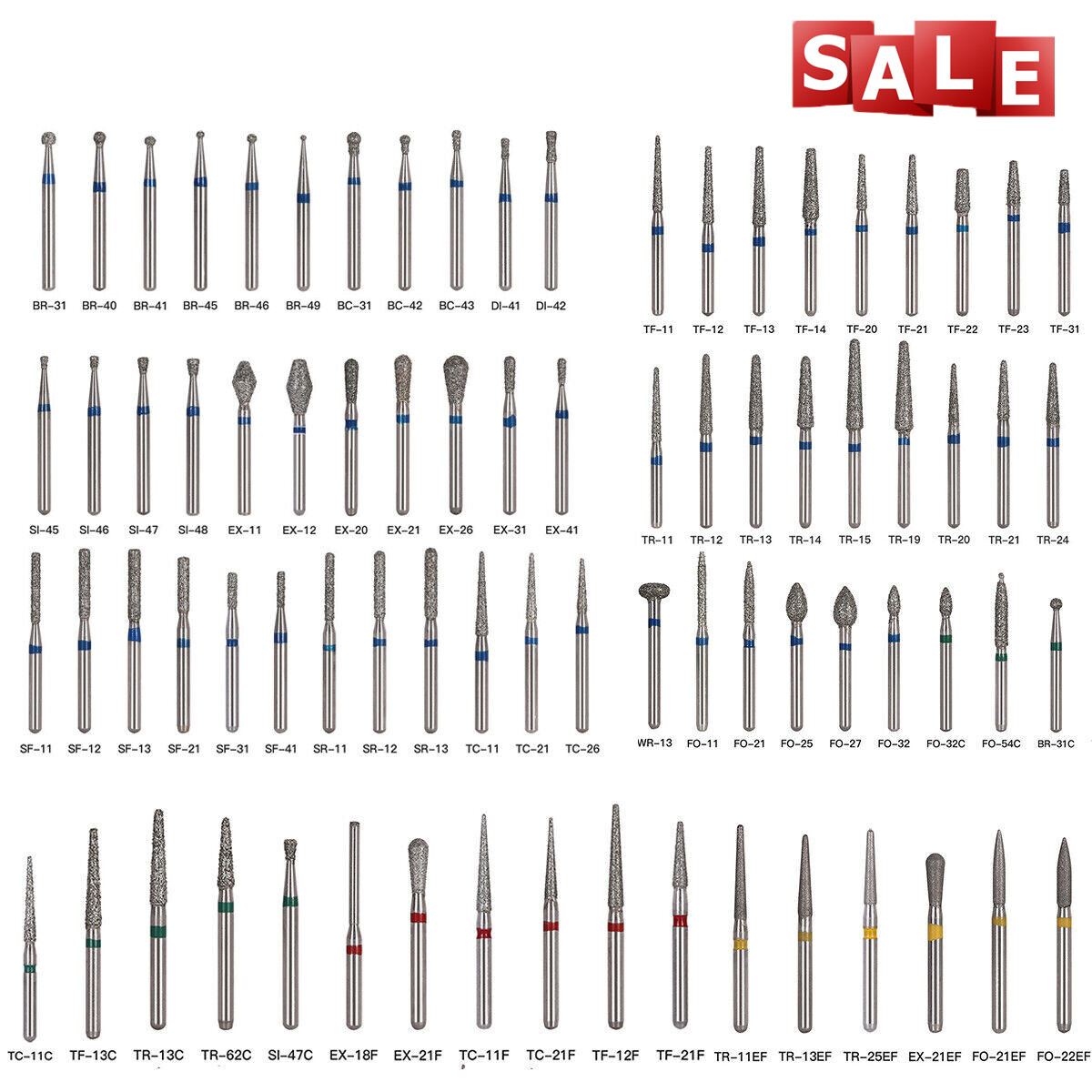 100pcs Dental Diamond Burs Drill FG1.6mm For High Speed Handpiece 100 TYPES