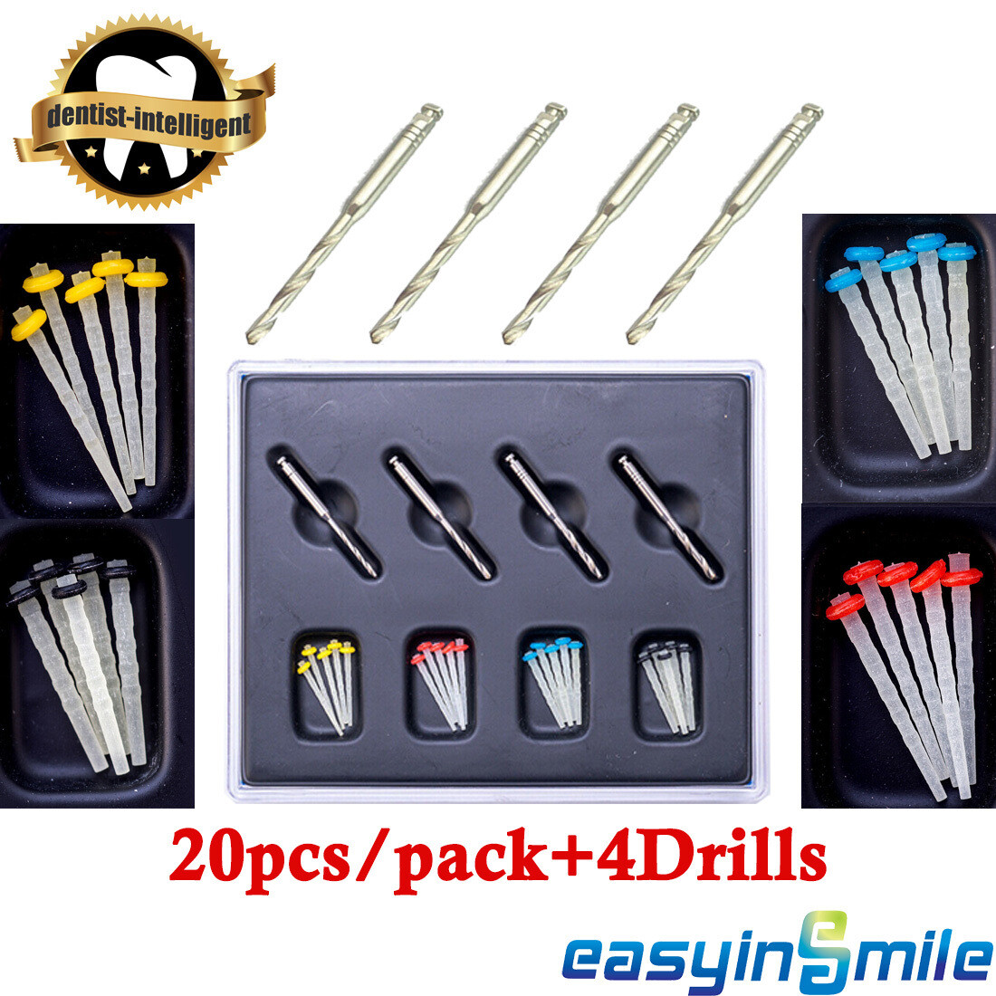 20Pcs/Pack Dental Endodontic Quartz Glass Fiber Resin Post Assorted With 4Drills