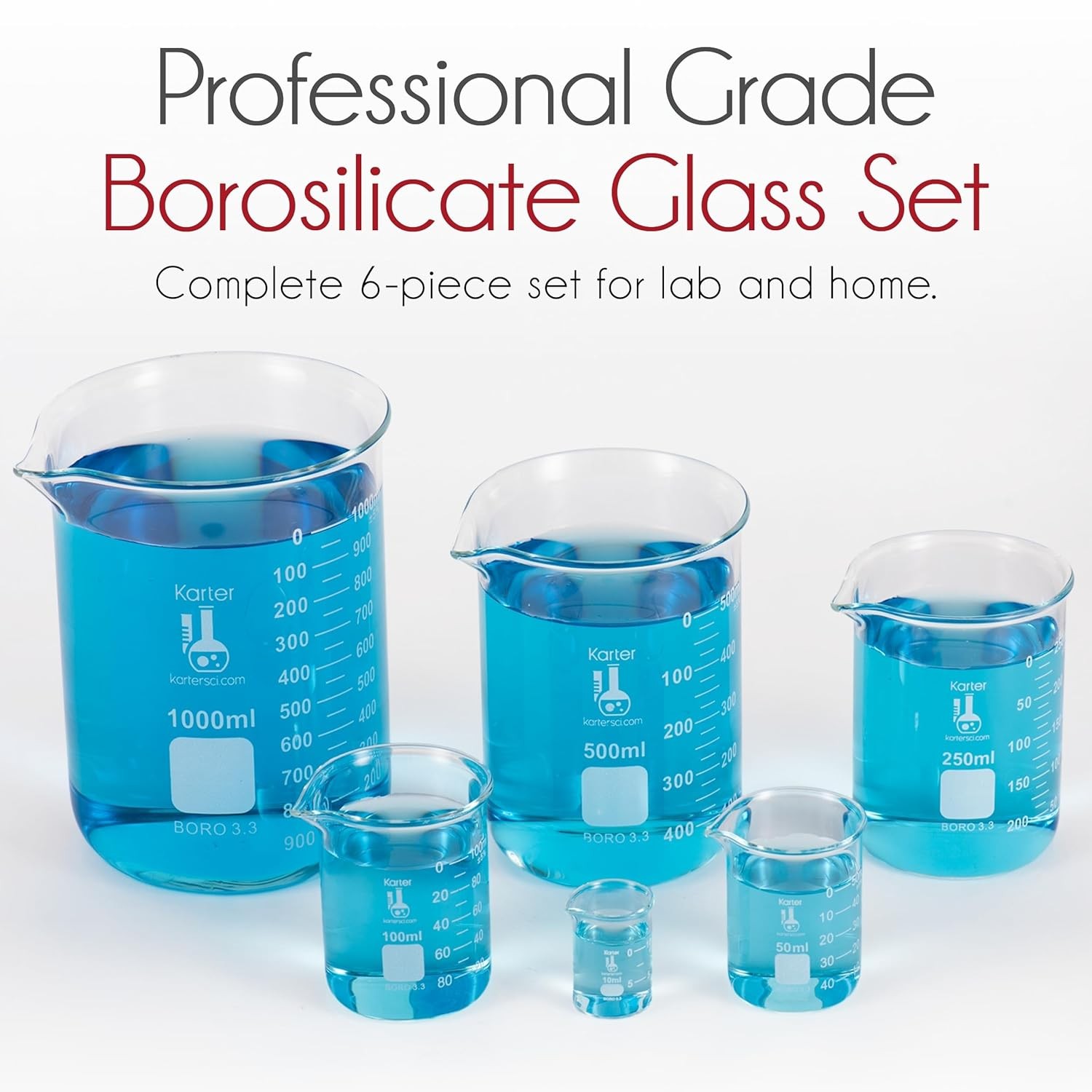 Glass Beaker Set 6 Sizes 10ml-1000ml Griffin Low Form Borosilicate
