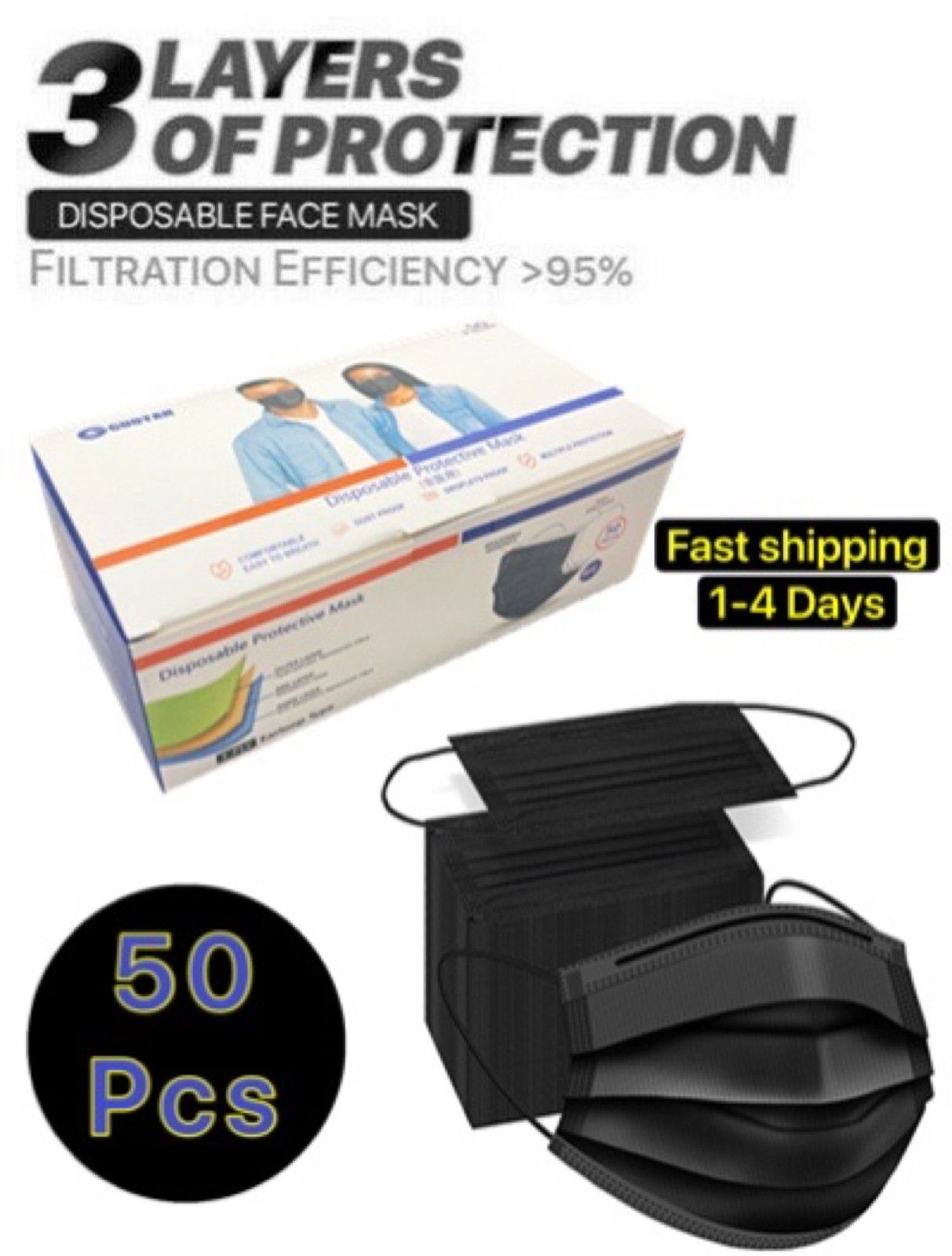 100/50 PCS Black Protective Face Mask Respirator Disposable Masks Earloop Cover