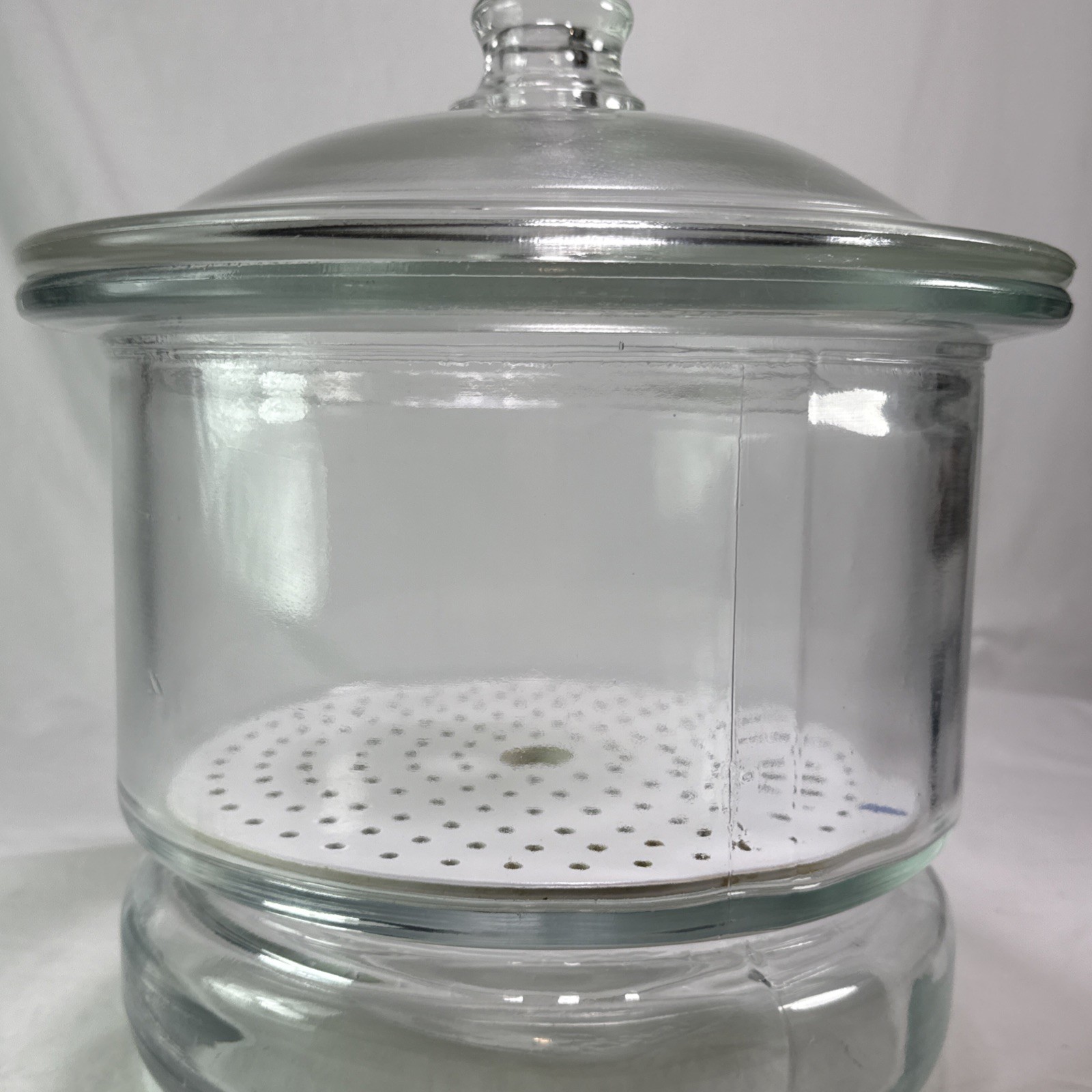 vintage Large glass desiccator jar greased rim coors porcelain plate 12”X 9” HTF