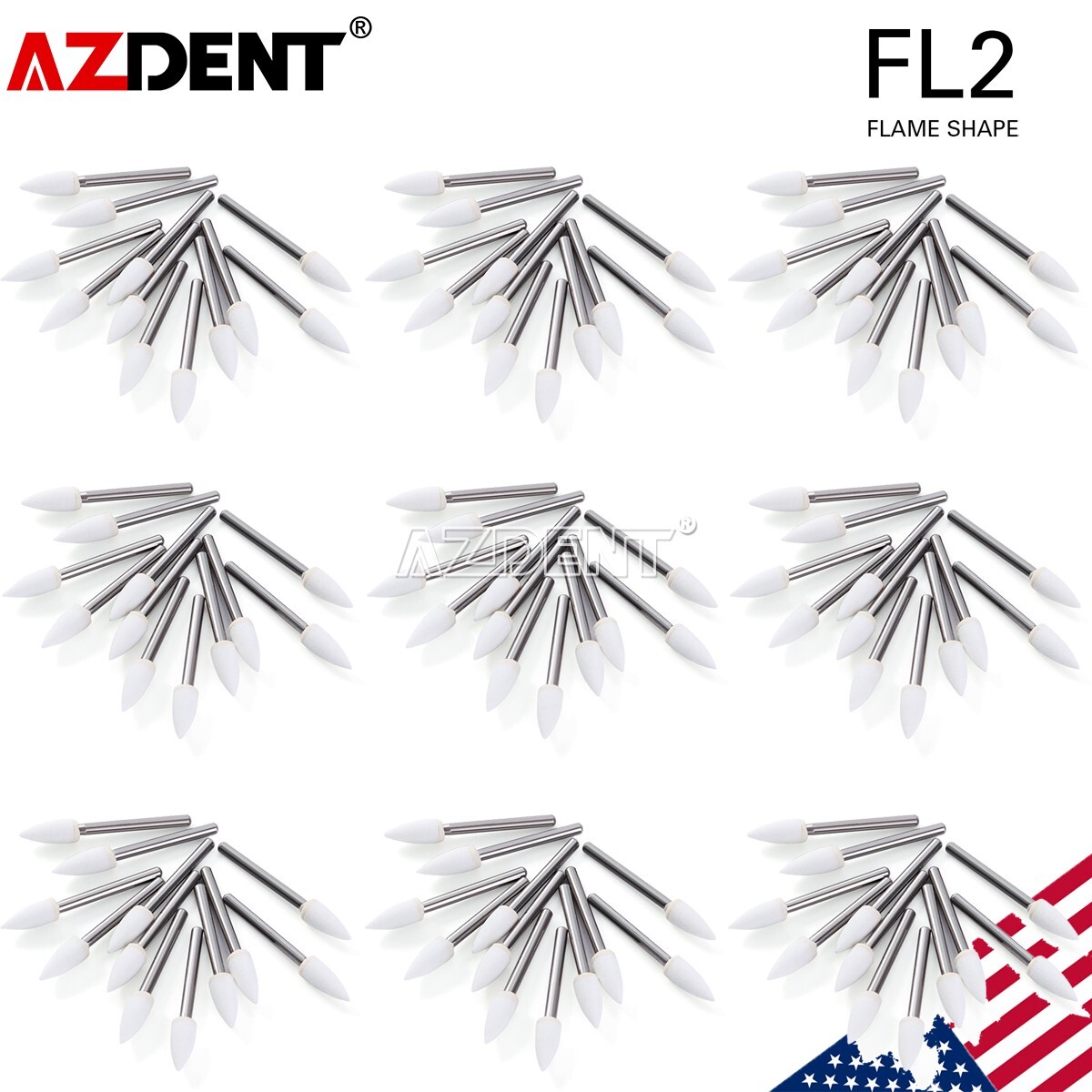 AZDENT Dental White Stone Polishing Burs FG Flame Mounted Abrasion Point Burs