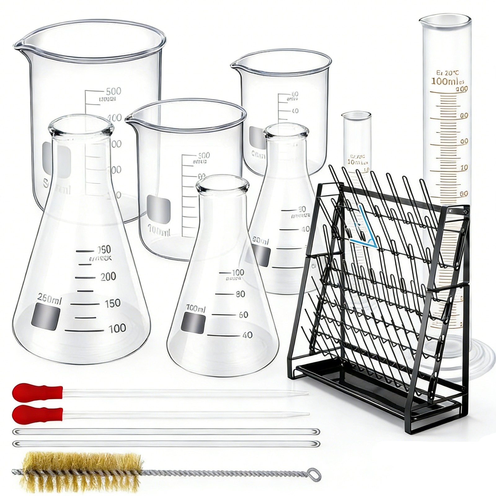 Lab Glassware Set with Drying Rack Lab Flask Glass Measuring Glass Kit(11/14pcs)