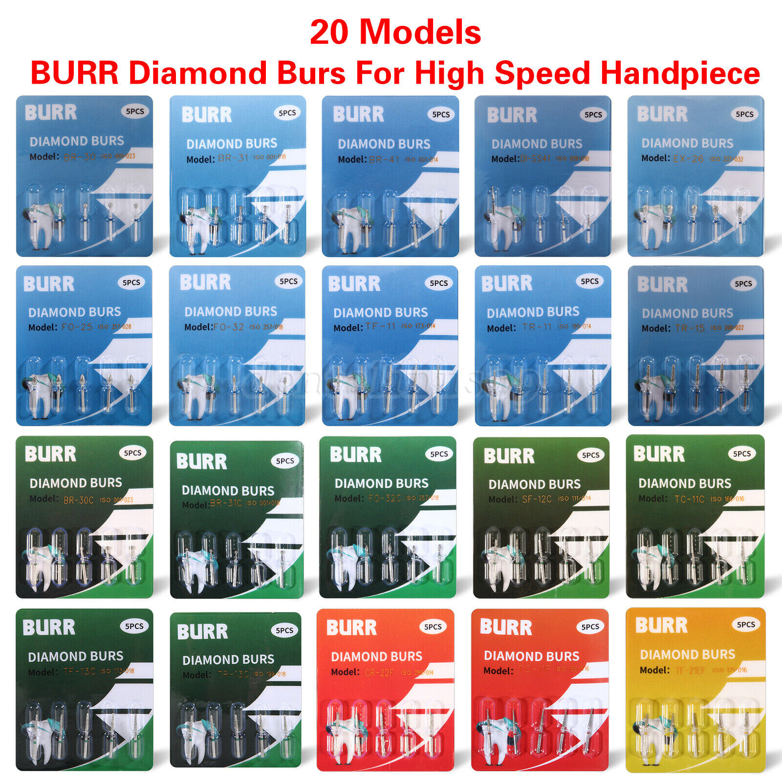 20 Boxes Dental Diamond Burs For High Speed Handpiece FG 1.6MM 20 Types 100pcs d