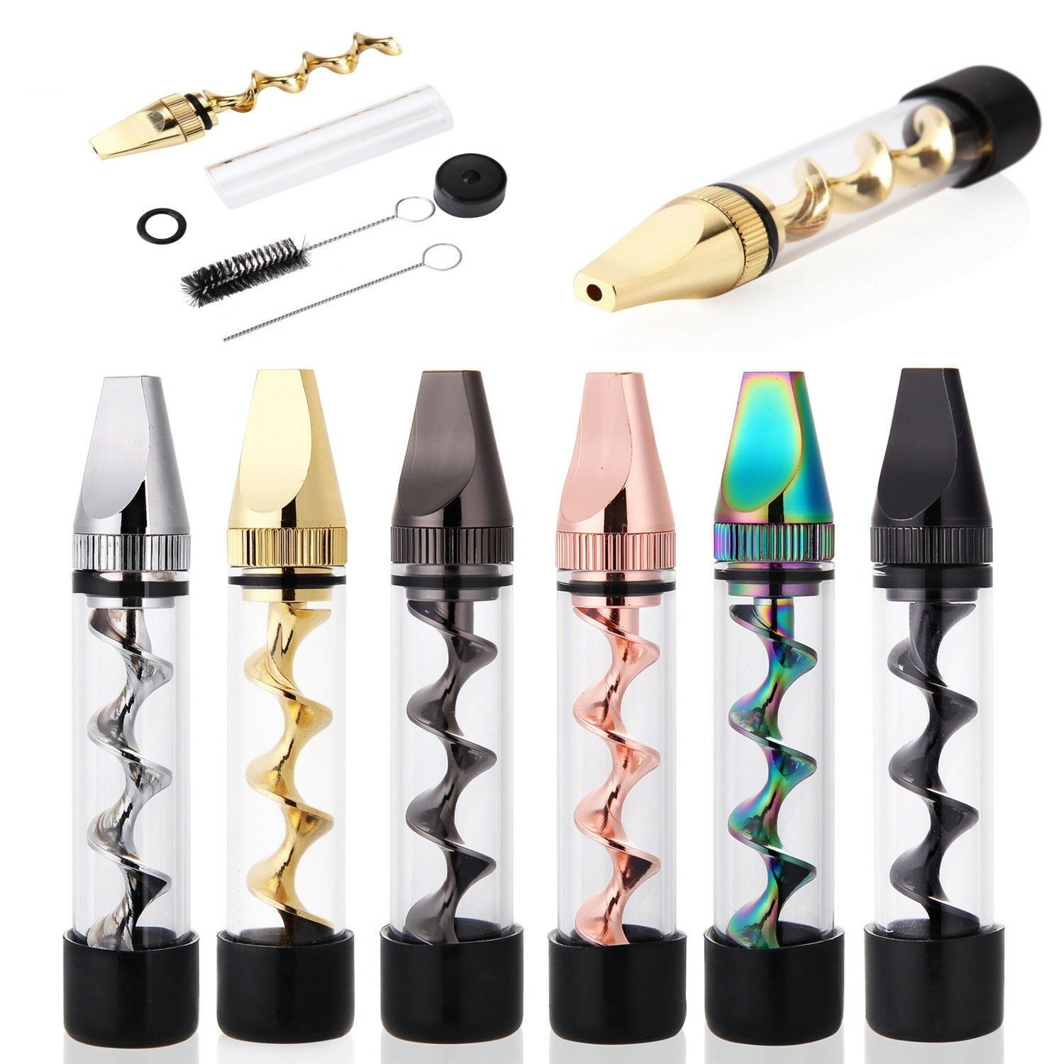 New Design Mini Smoking Rotating Twisty Glass Blunt Metal Tip W/ Cleaning Brush