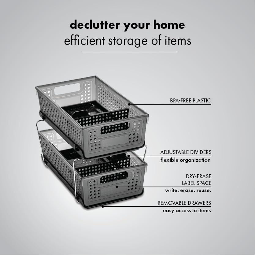 madesmart Two-Tier Under Cabinet Organizer, Sliding Drawer Storage for Cleaning