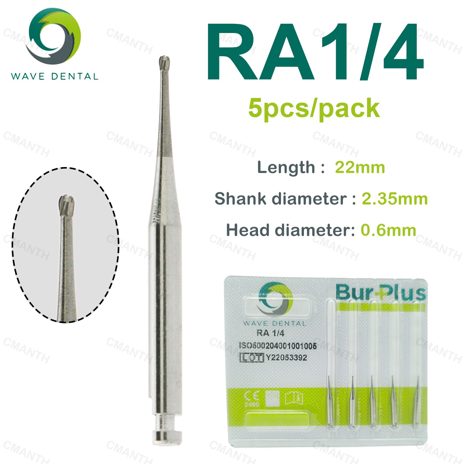 WAVE Dental Tungsten Carbide Burs Round Head RA Low Speed Burs Dia 2.35mm 5Pcs