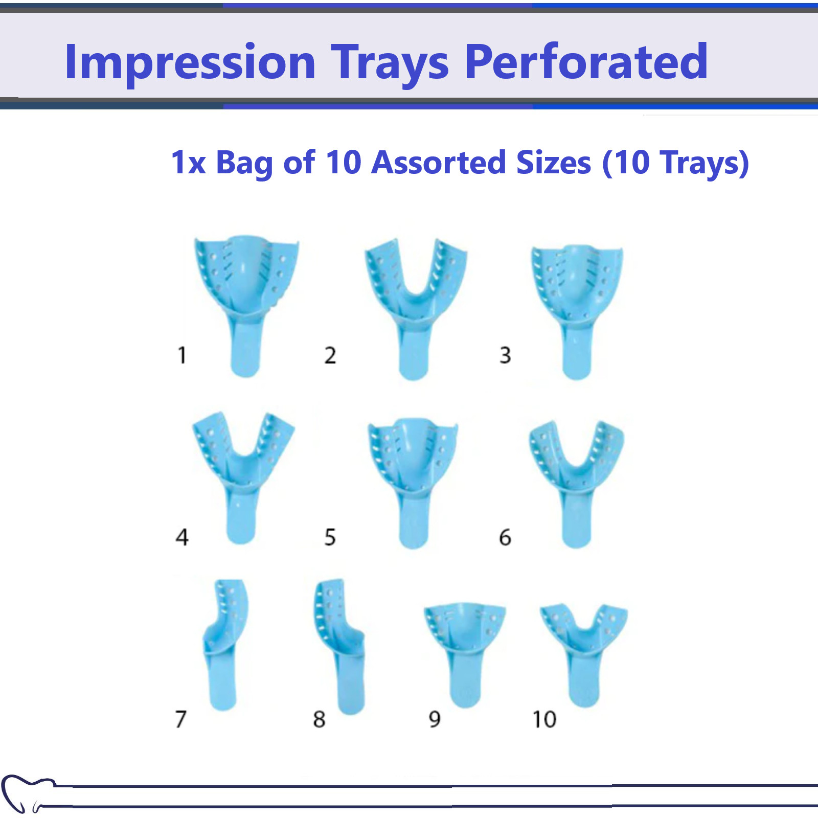 Dental Impression Trays Perforated Plastic Assorted – 1 Bag of 10 Sizes (S, M,L)