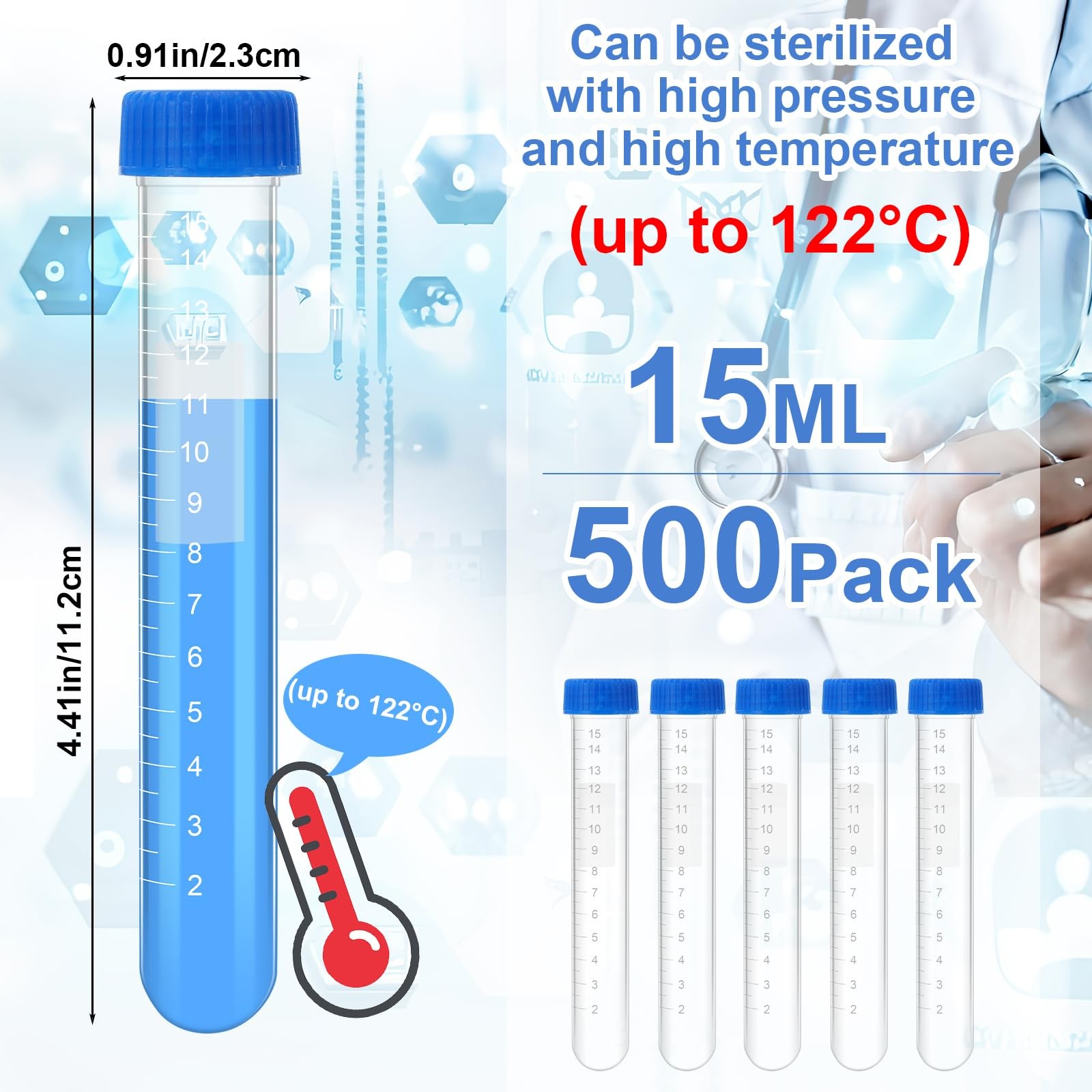 500 Pcs 15 ml Centrifuge Tubes Sterile Plastic Test Tubes with Screw Caps Pol…