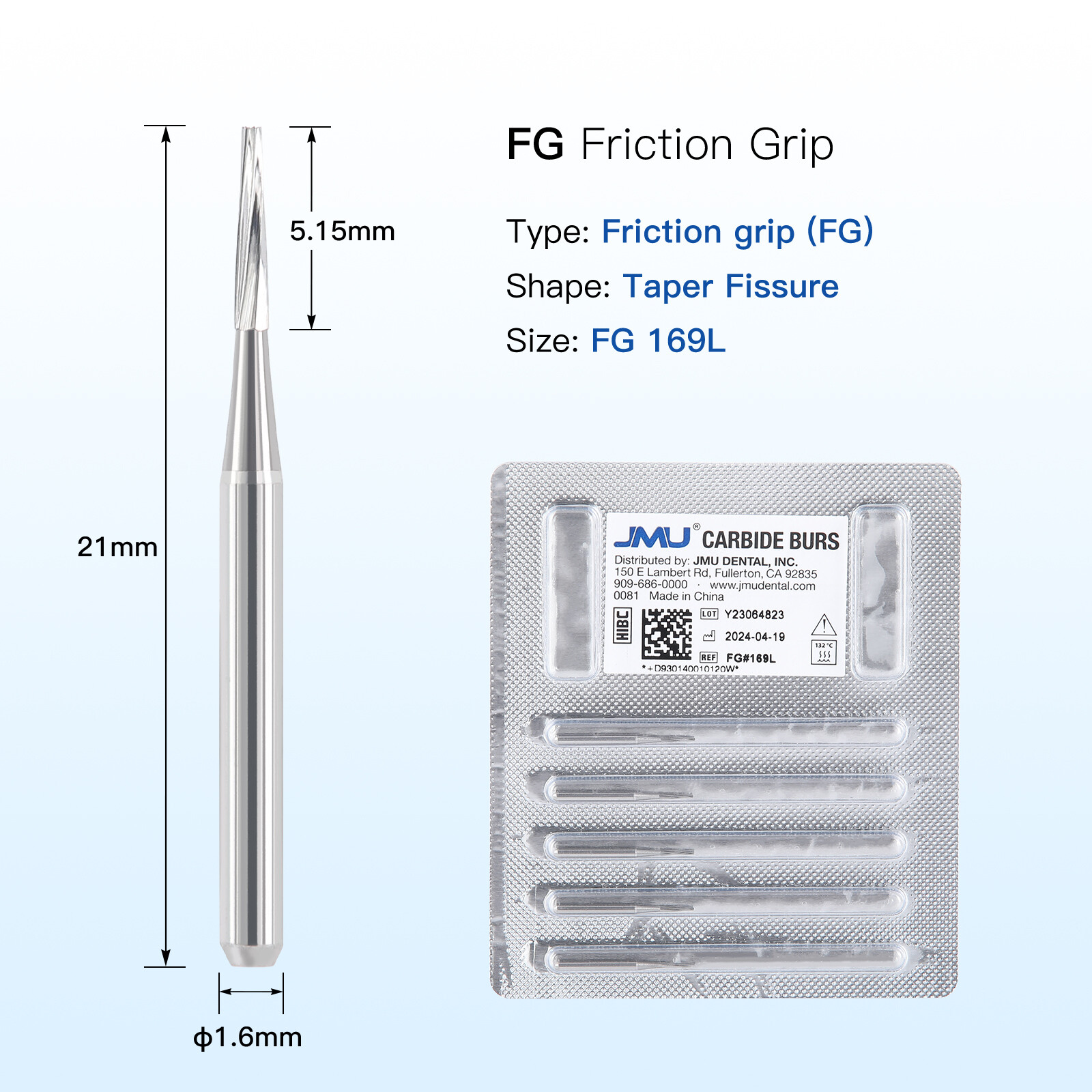 JMU Dental Carbide Burs High Speed FG Taper Fissure 5pcs/pk
