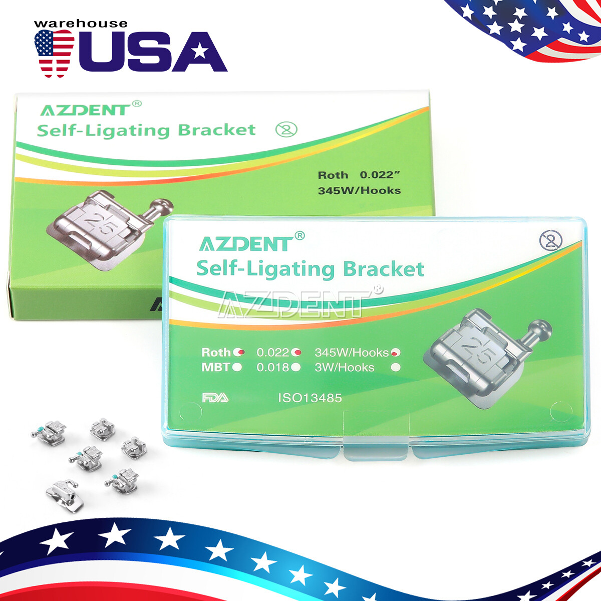 AZDENT Orthodontic Dental Self-ligating Bracket Braces Mini Roth 0.022 Hooks 345