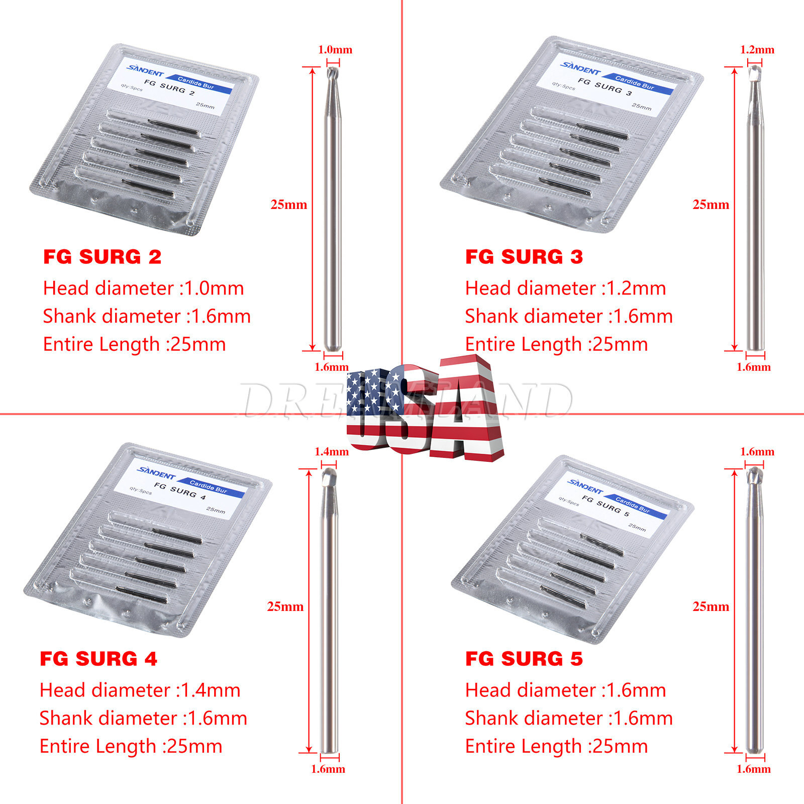1-20 X Dental Surgical Length Bur Round Tungsten Carbide 25mm FG SURG FGOS