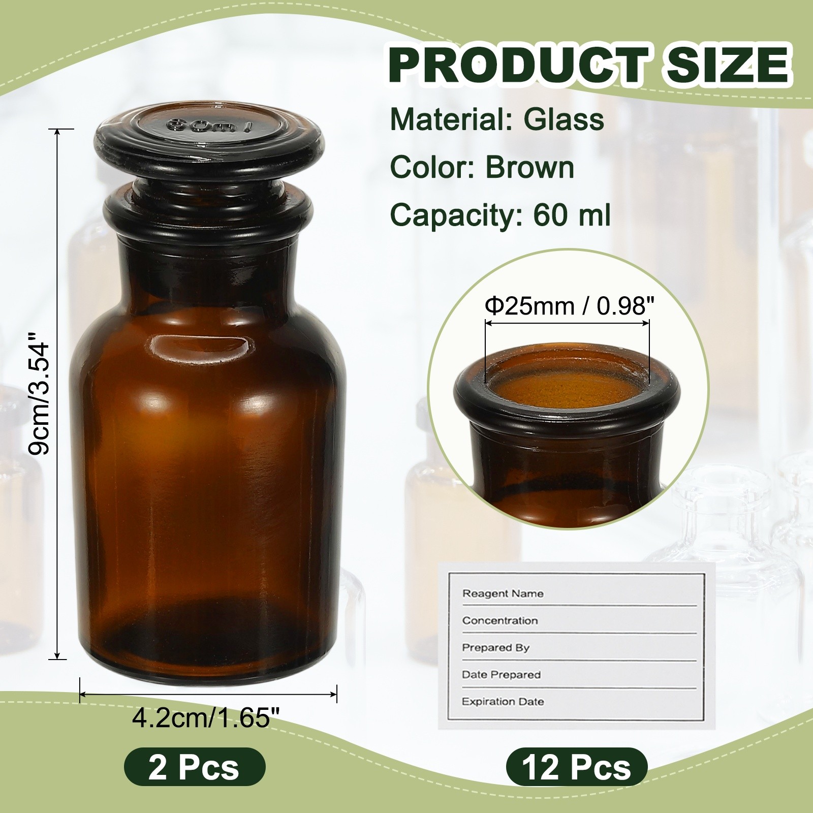 2Pack 60ml Wide Mouth Reagent Media Bottle with Stopper, Brown(2.1oz)