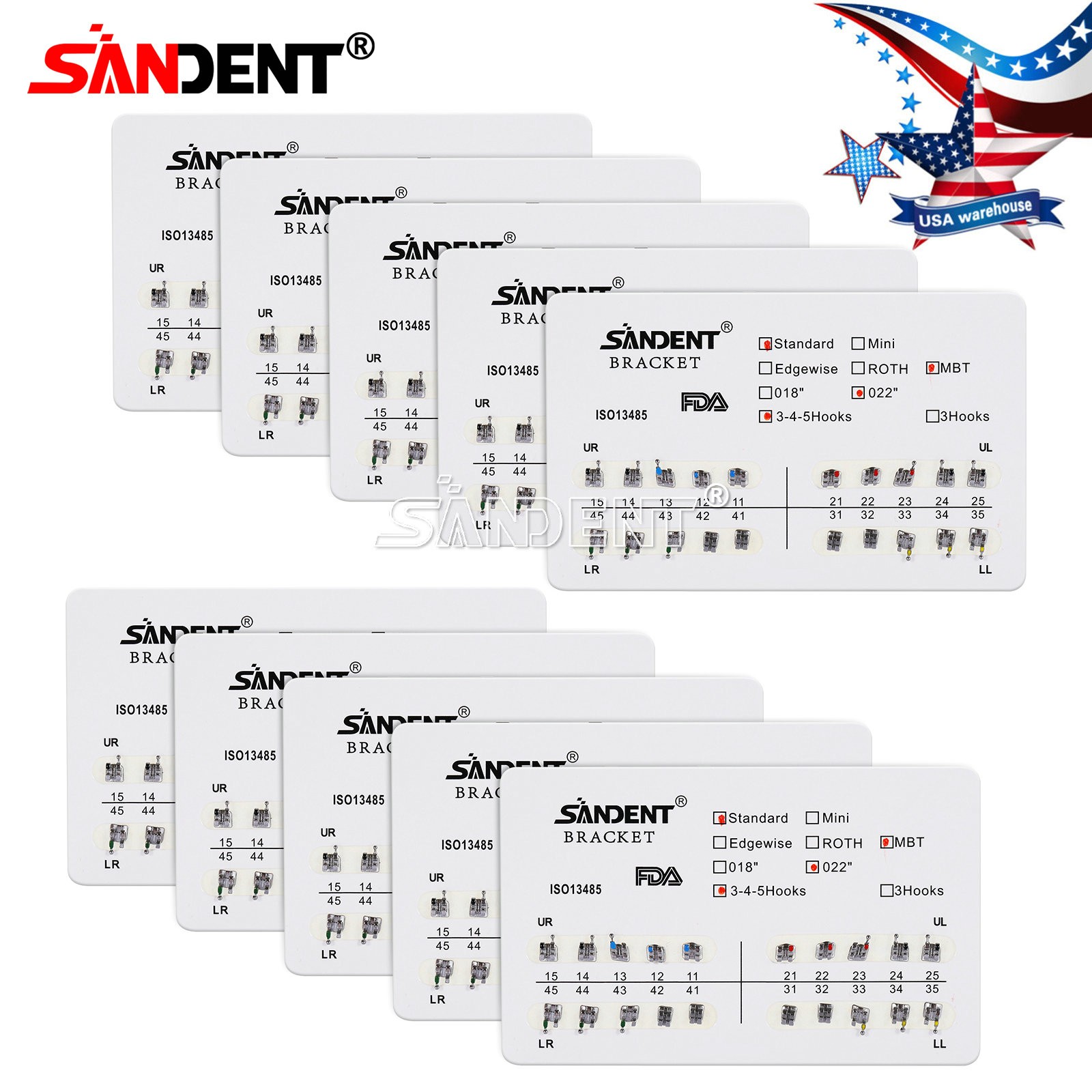 10 Packs Dental Orthodontics Brackets Braces Standard MBT 022″Slot 3 4 5 Hooks