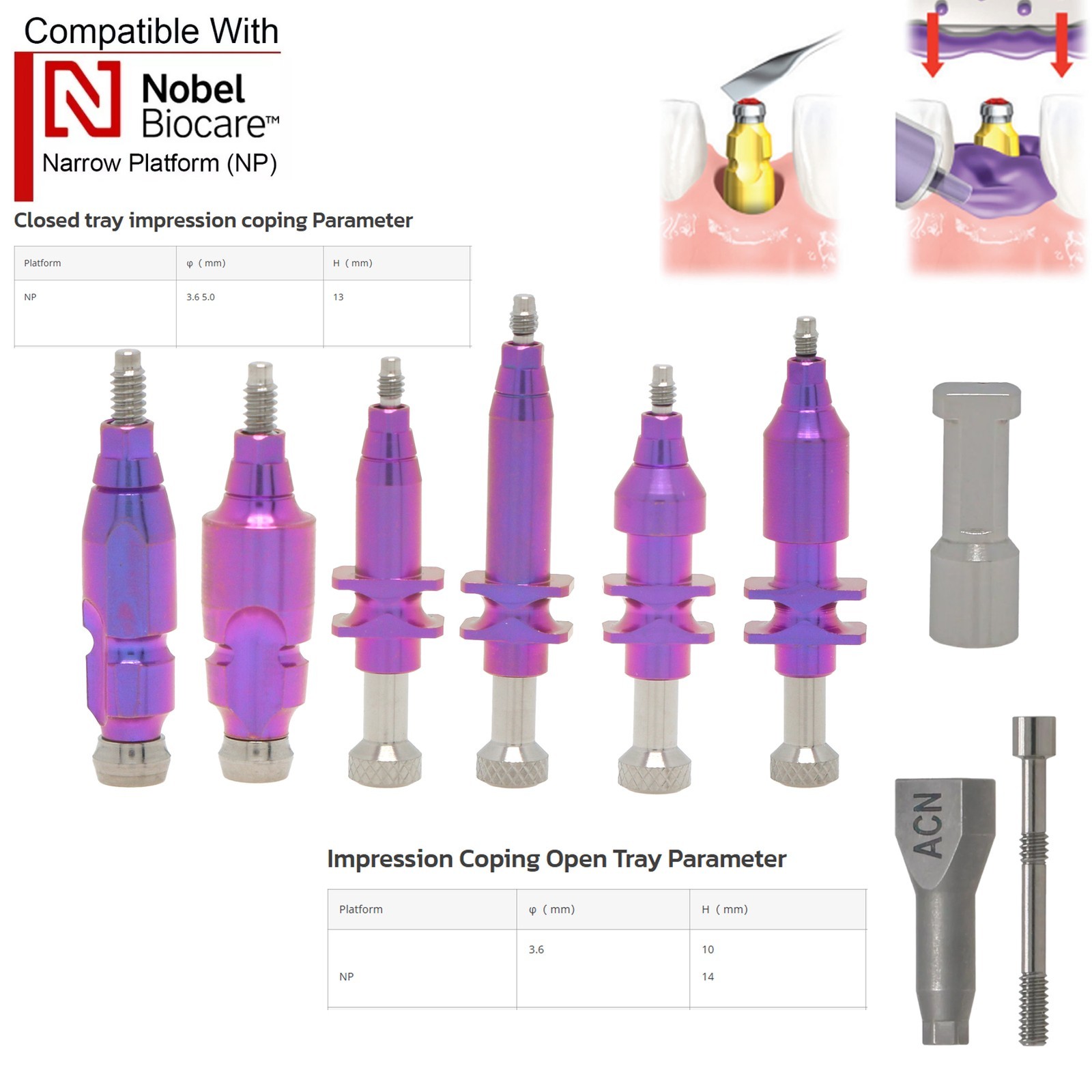 US Nobel Dental Impression Coping Open Closed Tray & Lab Analog Fit NP RP Alloy