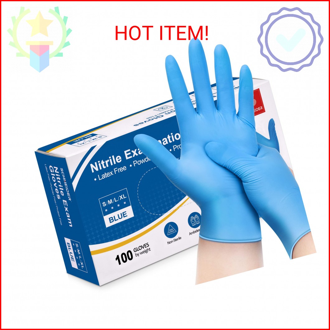 Schneider Nitrile Exam Disposable Gloves for Medical, Cleaning, 4 Mil, Blue, Med