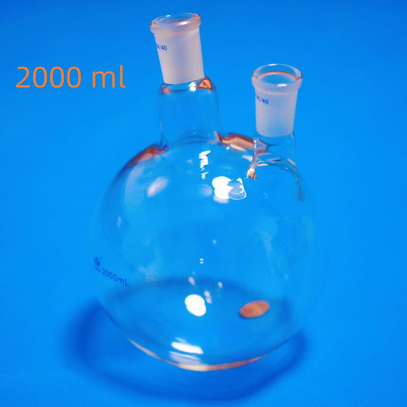 Lab glass round bottom boiling flask 2-neck 24/40 joints 2000 ml, 1000 ml, 24/40