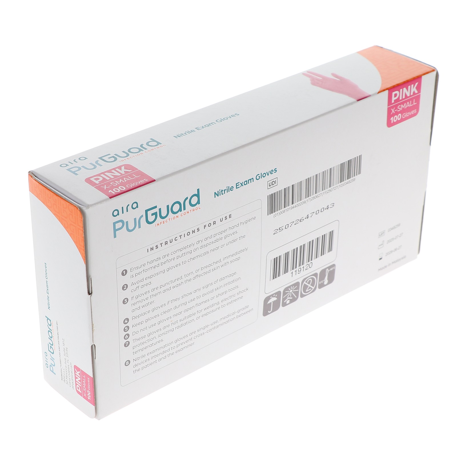 Aira 119120 PurGuard Nitrile Exam Gloves Pink Extra Small Latex Free 100/Bx
